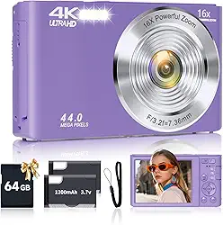 Câmera Digital Roxa FHD 4K 44MP com Cartão SD de 64 GB, Zoom Digital de 16x, Câmera para Adolescentes e Crianças