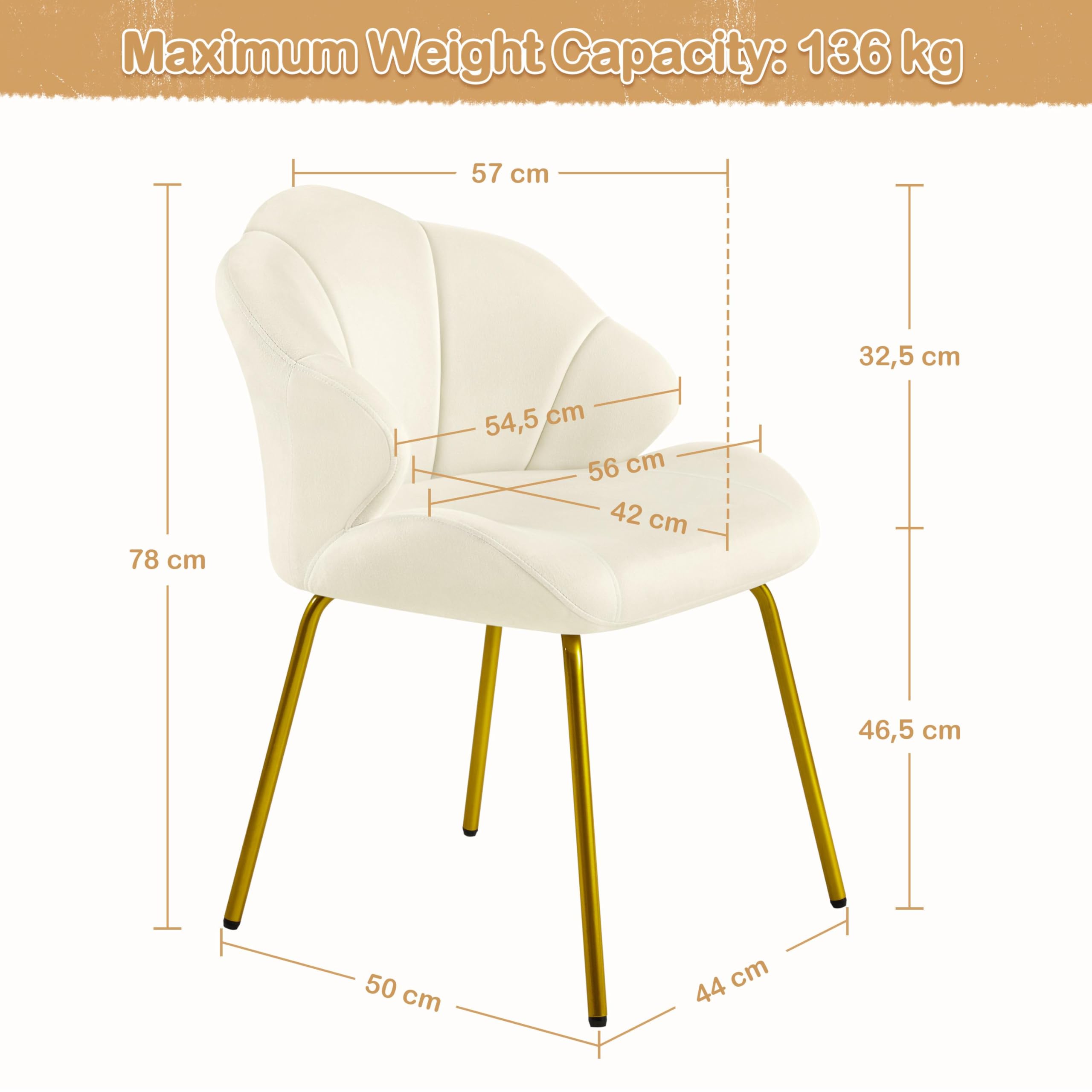 Yaheetech Ohrensessel Muschel Schminktisch Stuhl, Gepolsterter Loungesessel, Armlehnstuhl mit Metallbeinen, Polyester bis 136kg belastbar, für Wohnzimmer, Schminktisch, Schlafzimmer, Beige