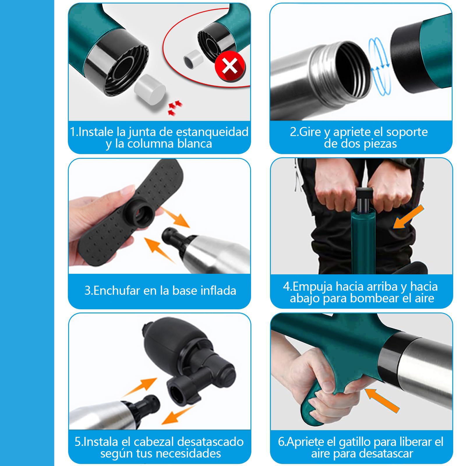 Desatascador inodoro,Desatascador tuberias profesional, desatascador wc, desatascador tuberias a presion, pistola desatascador con 3 ventosas para Cuartos de Baño Inodoros (Azul)