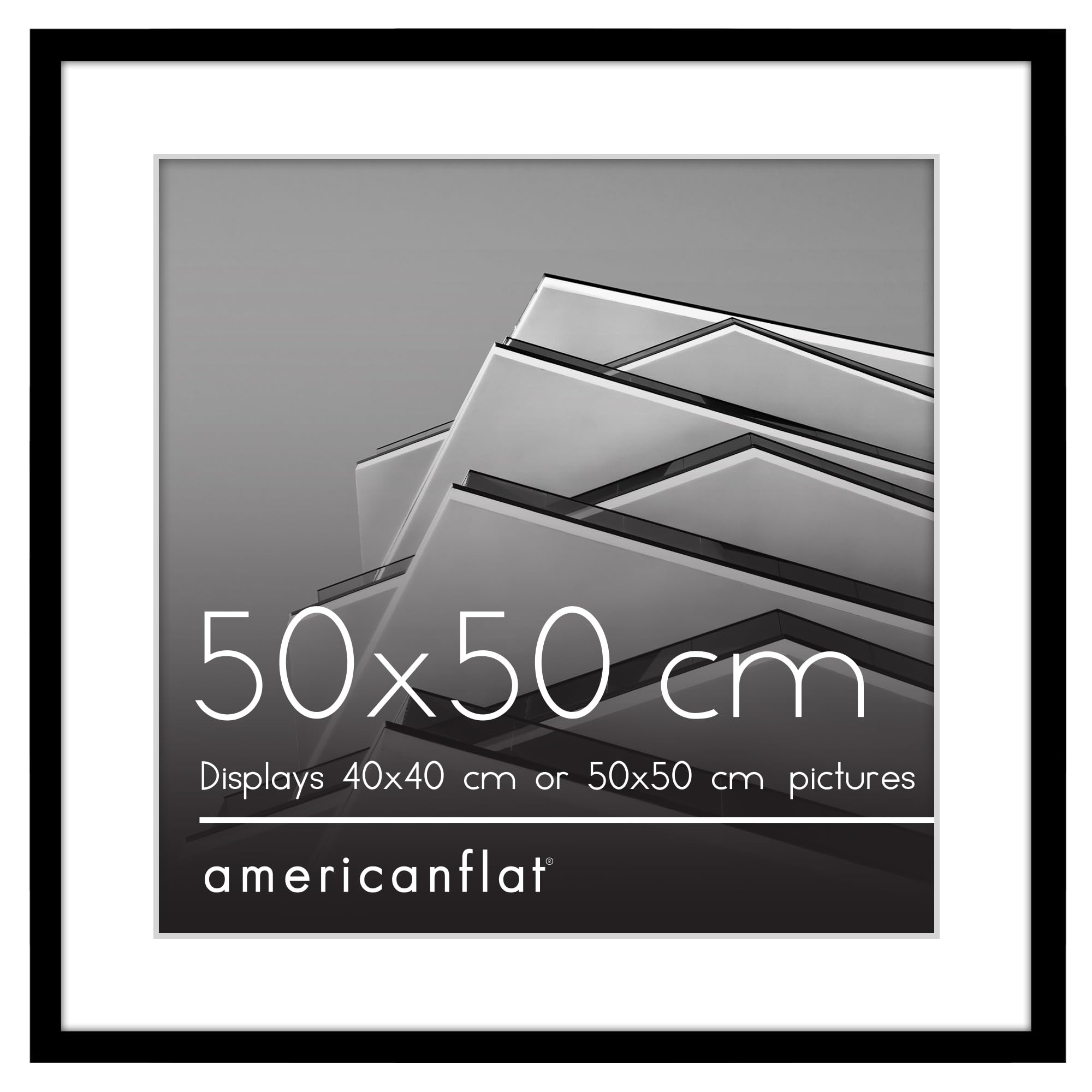 Americanflat 50x50 cm Picture Frame with Polished Plexi Cover - Use as 40x40 cm Wall Photo Frame with Mount or Display 50x50 cm Photo without Mount - Streamline Collection - Black