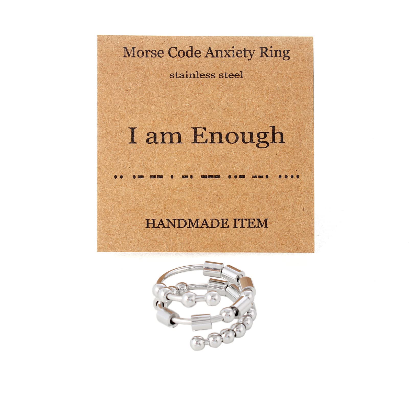 Caiyao Stainless Steel Morse Code Anxiety Spinner Ring for Best Friend Men Women Girl Boy Teen Polished Stress Relieving Beaded Fidget Ring Inspirational I am Enough Ohana BFF Jewelry Birthday Gift
