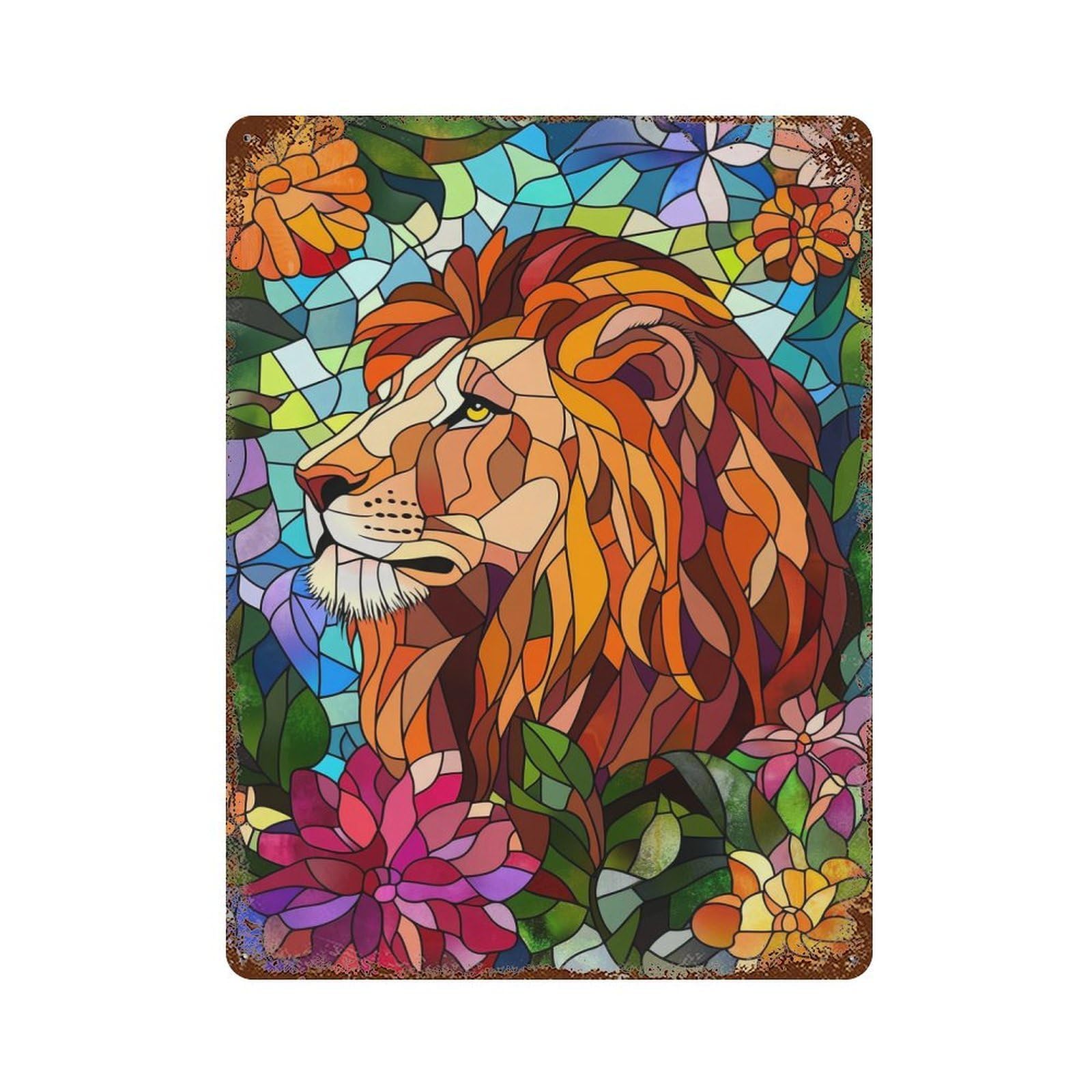 Lion in Flowers Stained Glass Decorative Tin Sign 15.7"x11.8", Retro Wall Decor for Living Room, Hallway And Home Decor