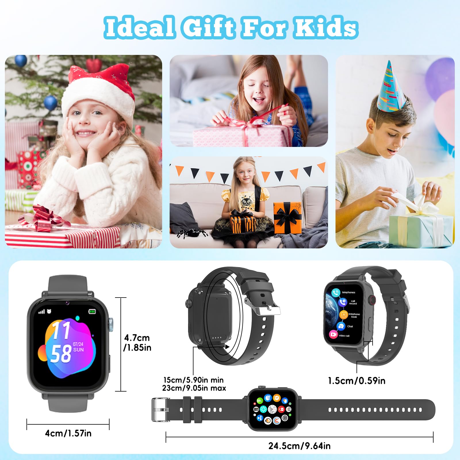 PTHTECHUS Montre Connectée pour Enfant 4G, Montre Intelligente Enfants GPS pour Fille Garçon avec SOS Chat Appel Vidéo Chronomètre Mode Classe Réveil, Smartwatch Téléphone Cadeau 4 à 12 Ans (Noir-S2)