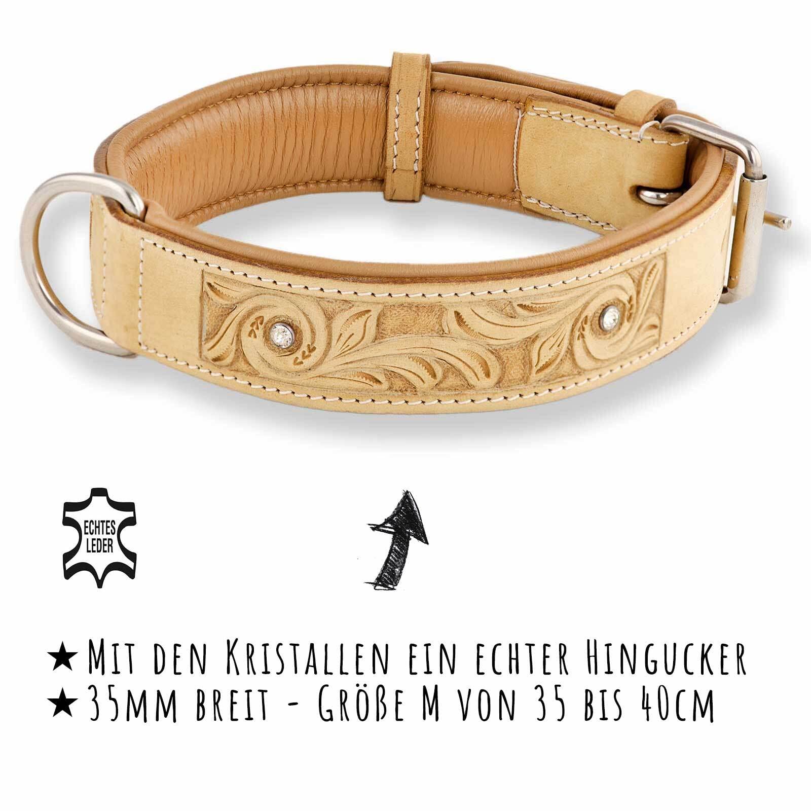Hundehalsband aus Leder beige handgeschnitzt mit Premium-Kristallen L