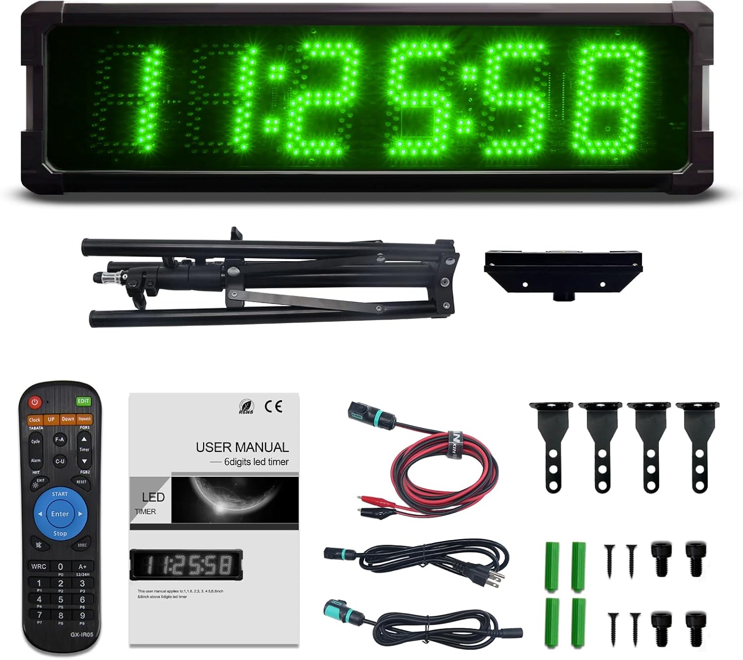 GANXIN Outdoor Waterpoof LED Race Timing Clock Marathon Race Timer with Horn, 5 Inch 6-Digit Coundown Clock with Tripod Stand, Down/Count Up,Stopwatch with Remote Control (Green LED)