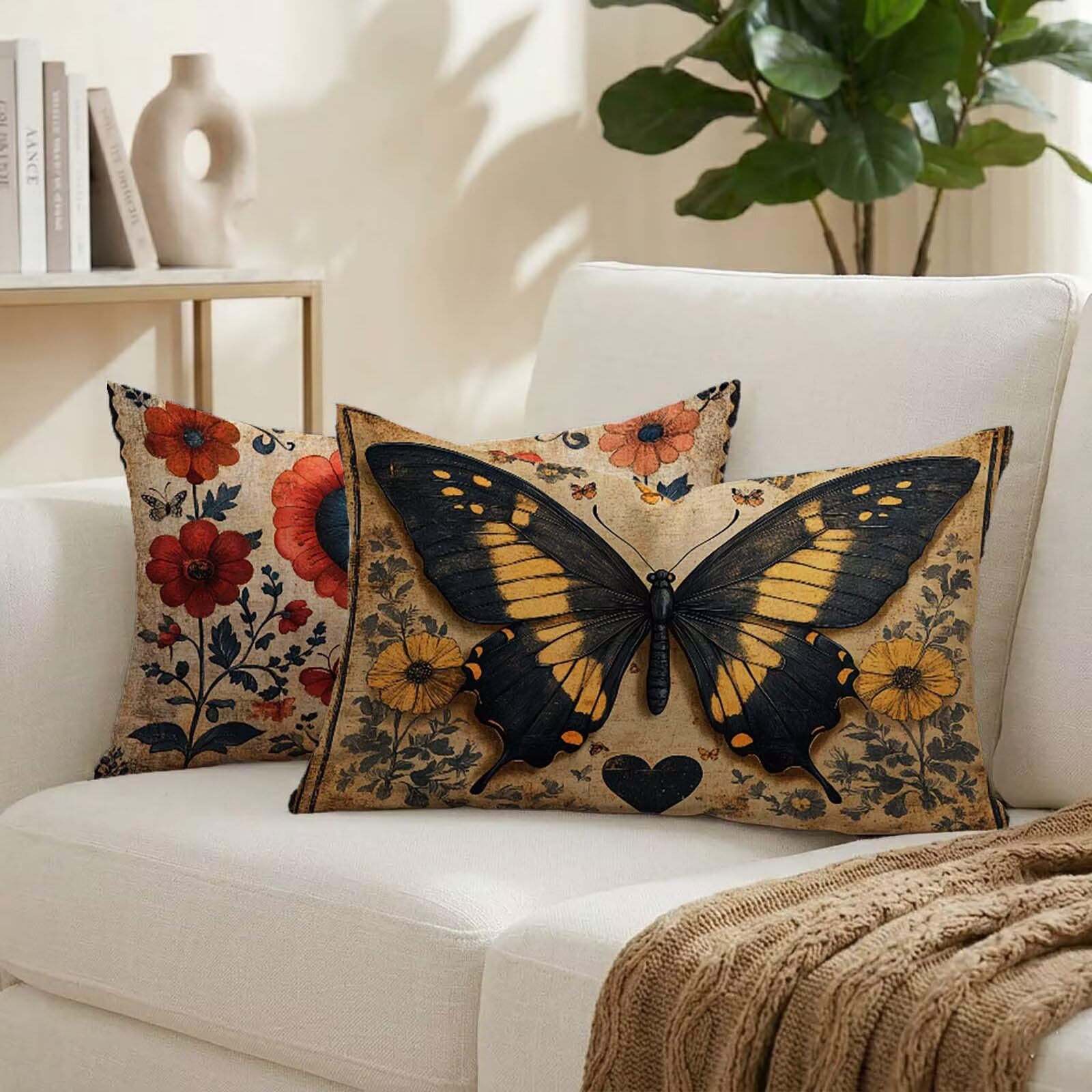 Coussin exterieur impermeable 50x80 cm lot de 2 en lin retro papillon