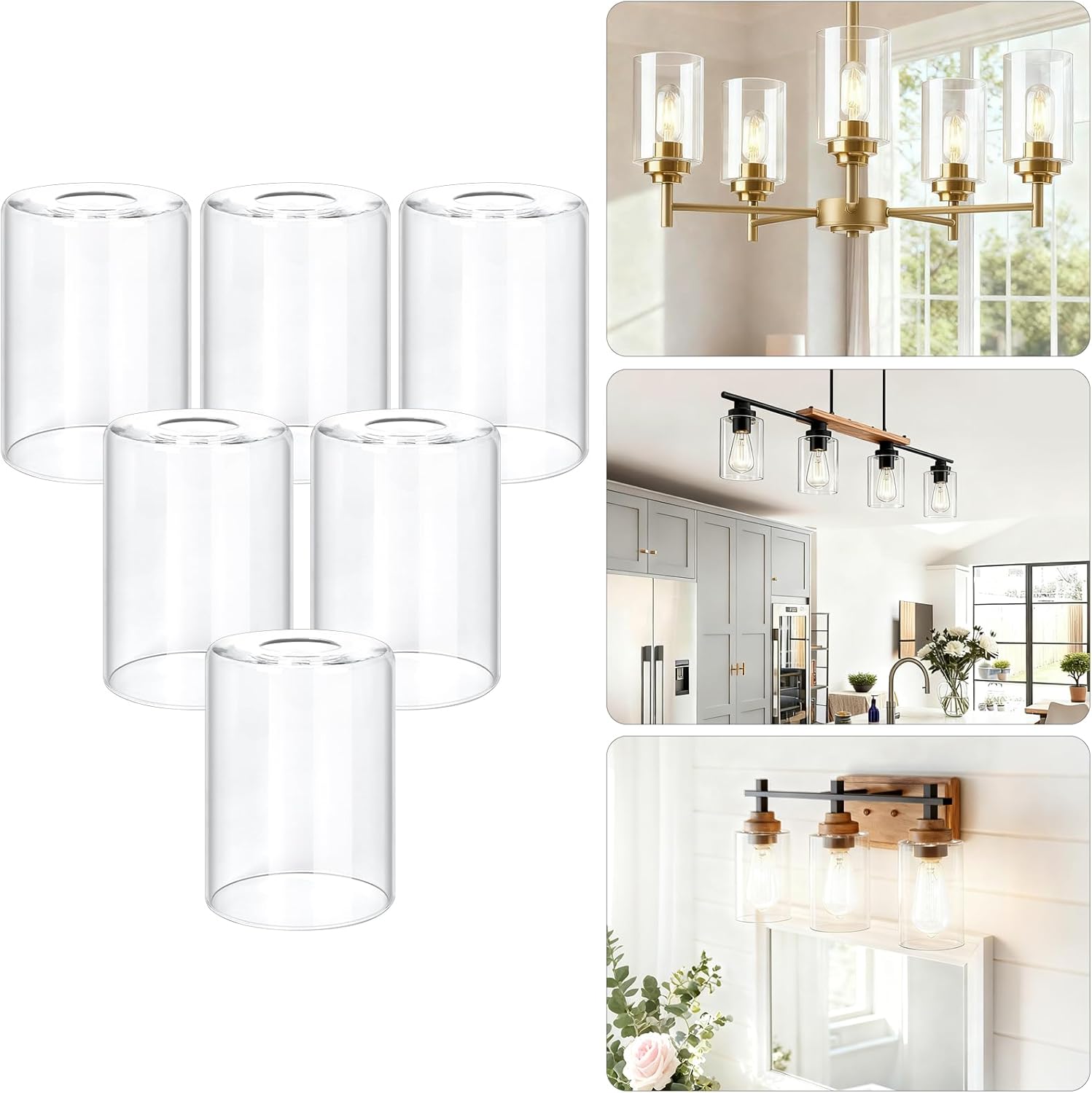 6 Pack Clear Glass Lamp Shade Replacement, 2.5mm Thick Glass Pendant Light Shade,1.65" Fitter,5.51"w x 3.94"h, High Transmittance Light Fixtures for Wall Sconces, Pendant Light, Bathroom Fixtures