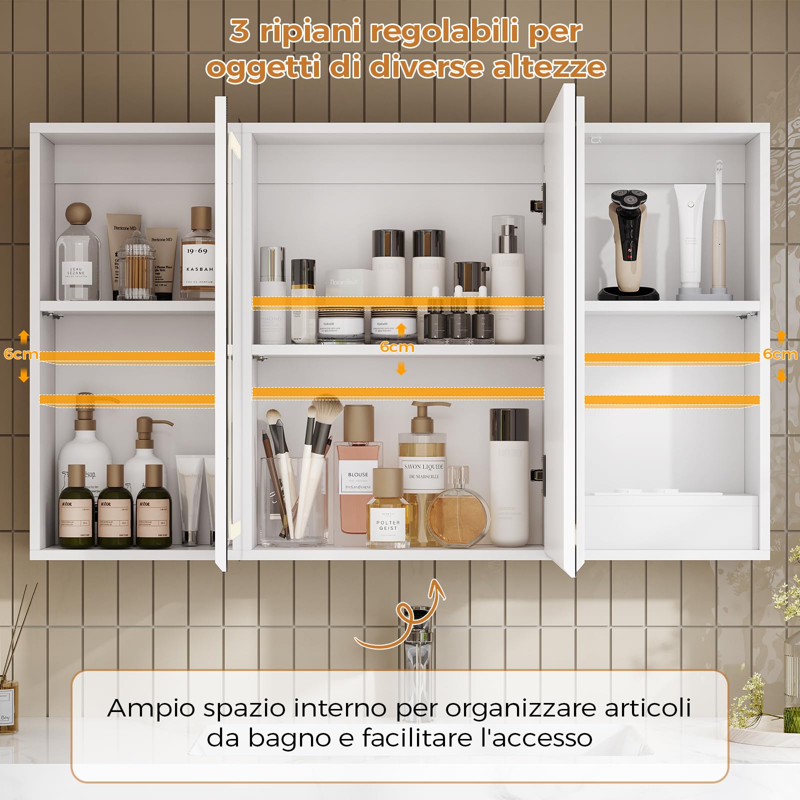 Specchio Bagno LED con 3 Ante e Presa– Design 360°, Memoria Luminosità,100x16x60 cm Mobiletto Specchio Bagno Sospeso | 3 Ripiani Regolabili, Bianco, Impermeabile Sospeso100x60 cm