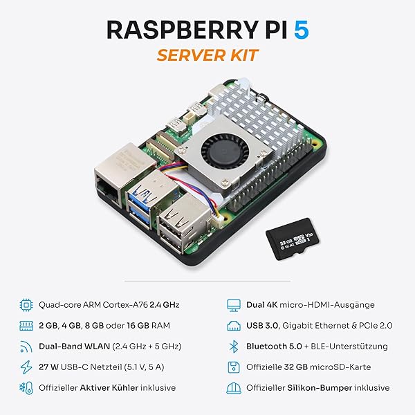 PiiKit Starter-Set für Raspberry Pi 5 4 GB - Server Edition | 32 GB MicroSD-Karte | 27 W Netzteil | Active Cooler | Silikon-Bumper - 3