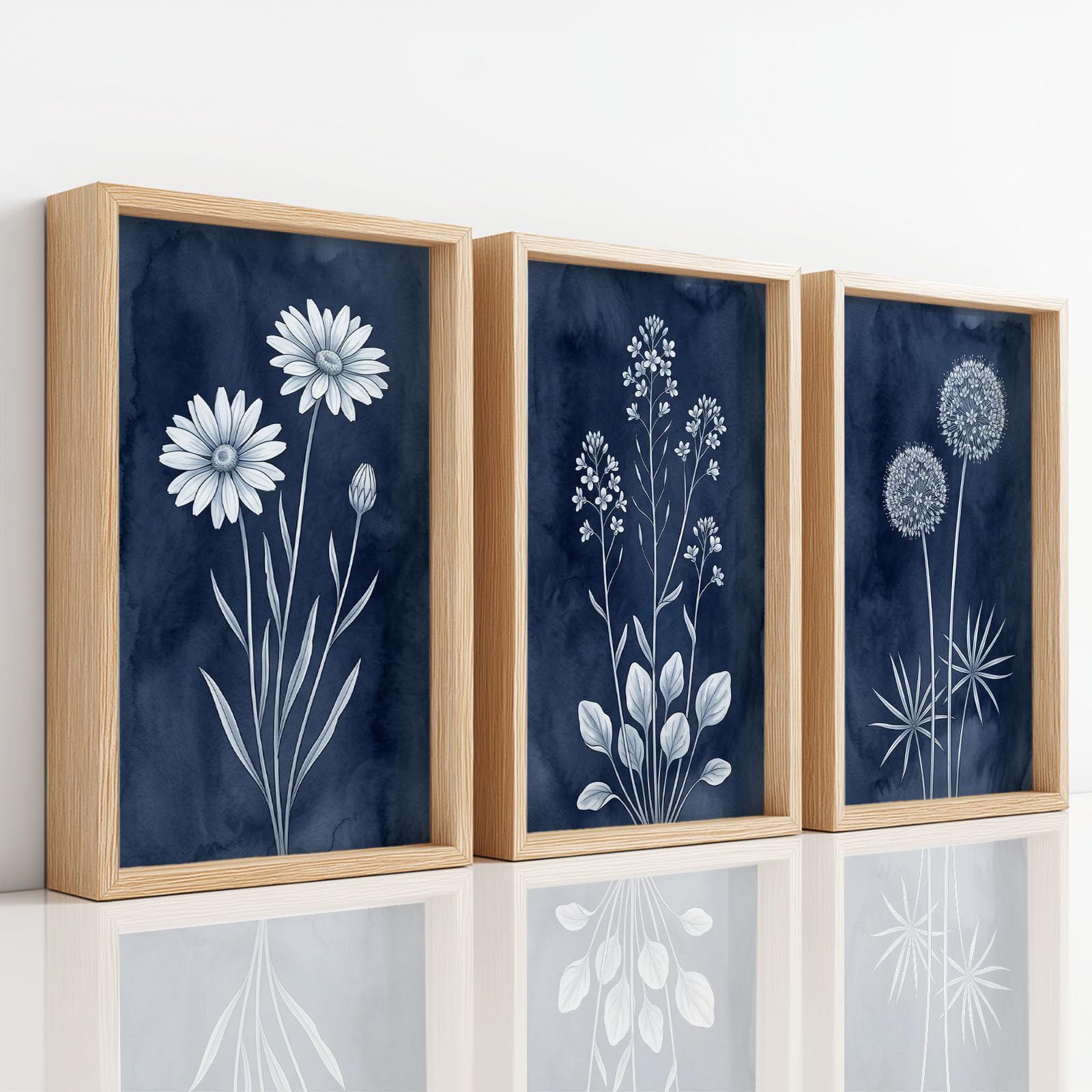 Générique Set de 3 Pièces de Décoration Murale Rustique Dessin À La Craie, Impressions Bleu Marine Marguerite Pissenlit Toile Peinture Triptyque pour Salon Chambre Bureau et Salle à Manger 50 x 70 cm