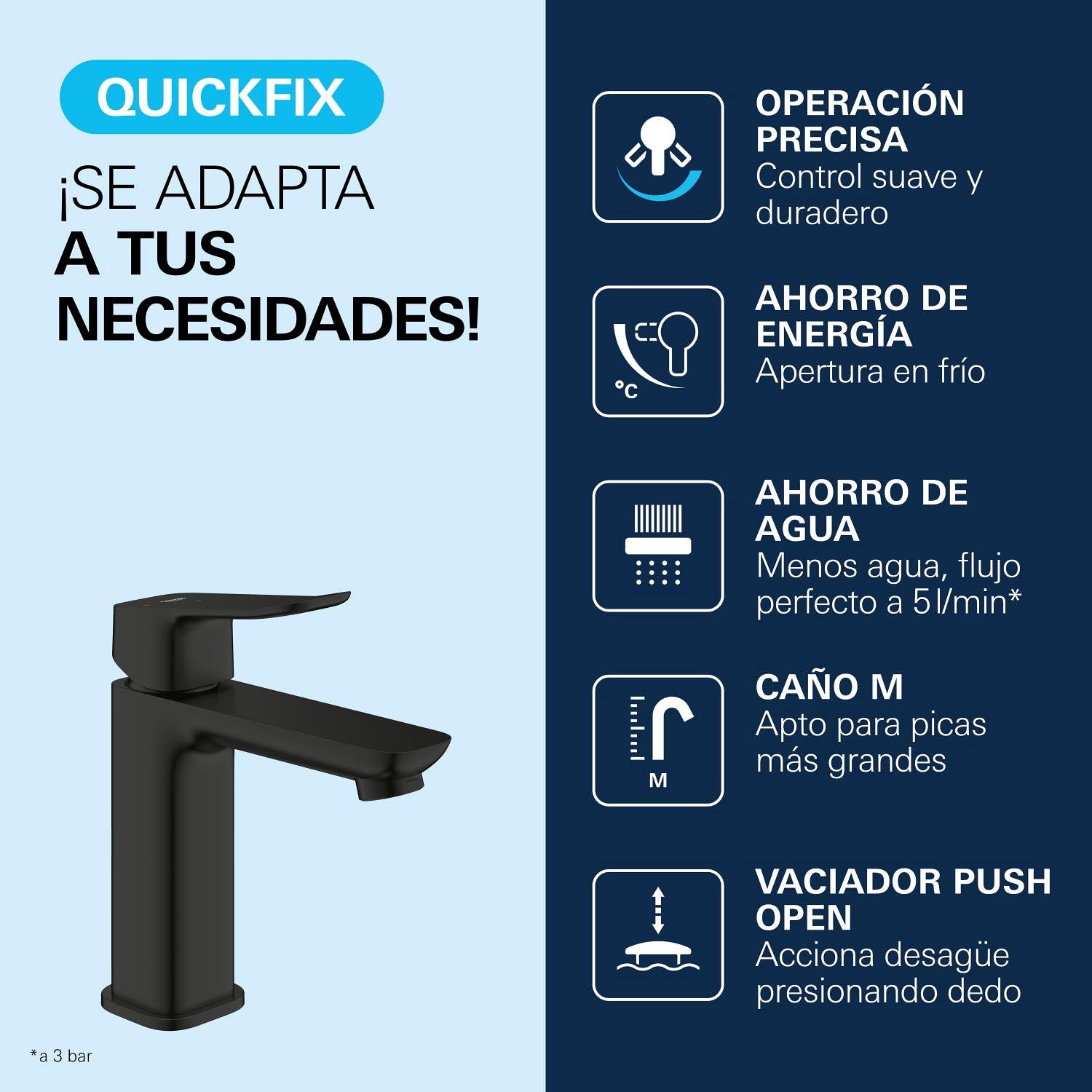 GROHE Dice Grifo de Lavabo M con Desagüe Push-Open (Cartucho Cerámico 28 mm, Ahorro de Agua y Energía, Conexiones 3/8", Fácil de Instalar QuickTool Incluido), Negro Mate, 1018362430