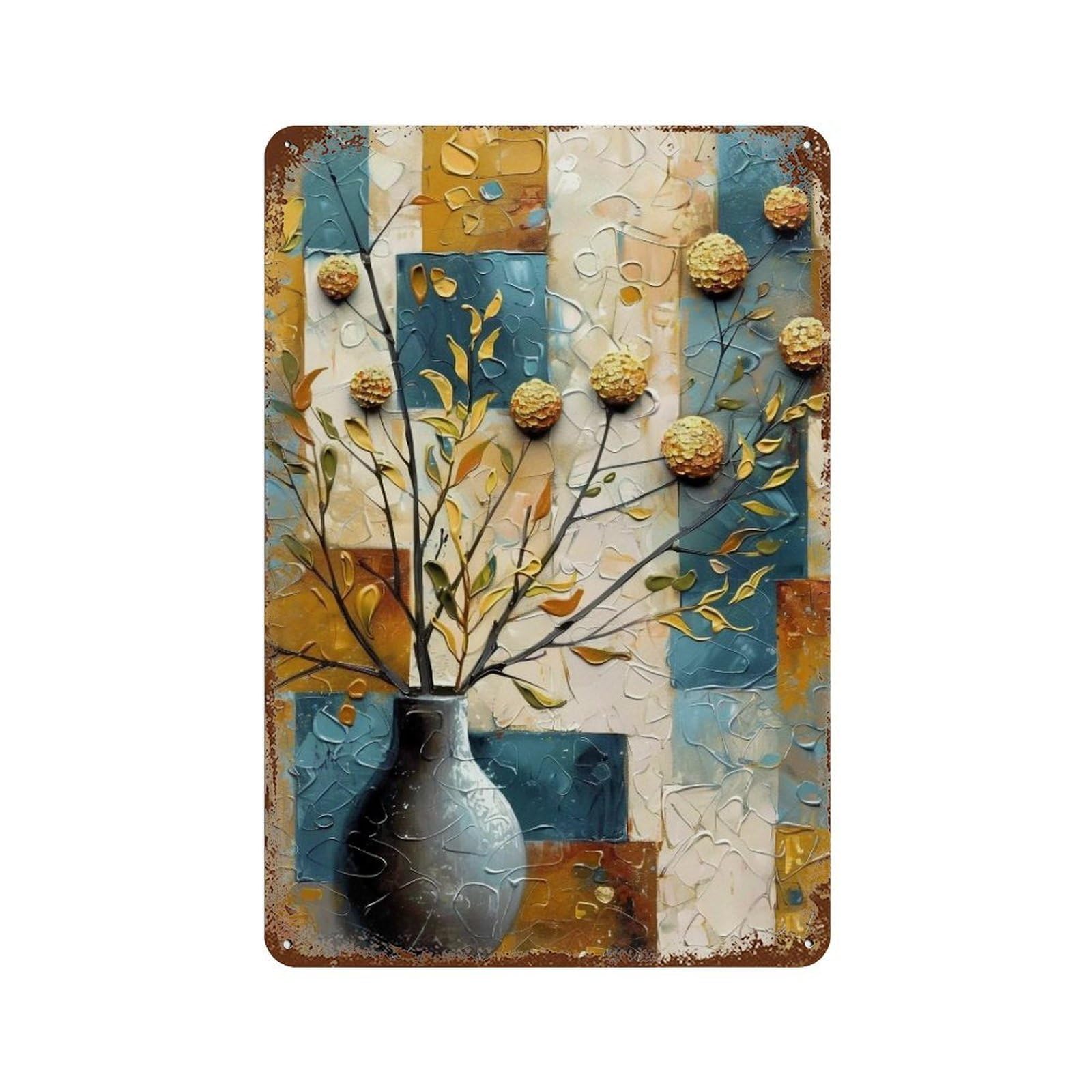 WUJHGRSG Impasto Abstract Geometric Golden Blooms 01 Wall Art Retro Iron Vintage Metal Tin Sign Poster Modern Decor for Home Cofffee Club Bar Shop Style 30x20cm