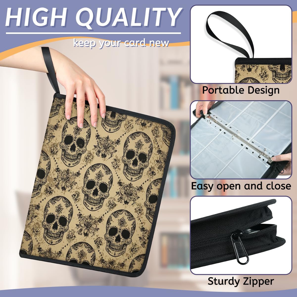 Carpeta de tarjetas coleccionables con 9 bolsillos, diseño de calavera de azúcar, álbum de tarjetas vintage con fundas extraíbles, impermeable, con cremallera, capacidad para 50 páginas y 900 tarjetas