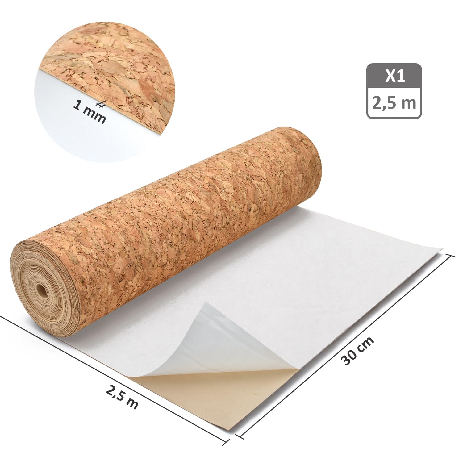 Rollo de Corcho Adhesivo 2,5m x 30cm x 1mm para Interiorismo y Bricolaje