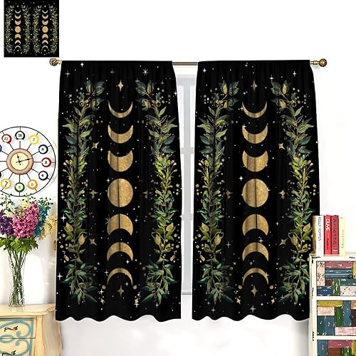 Miniatura 3 de Cortinas florales de luna negras y doradas, flores silvestres, fase de estrellas, luz de luna, jardín, estética, bohemio, vides, juego de
