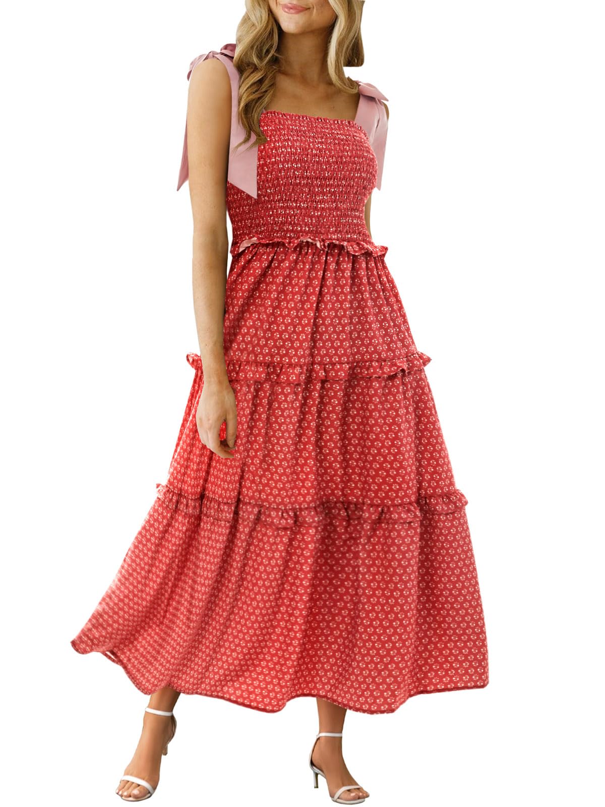 Wenrine Women Summer Floral Maxi Dress Smocked Boho Sleeveless Ruffle Dress