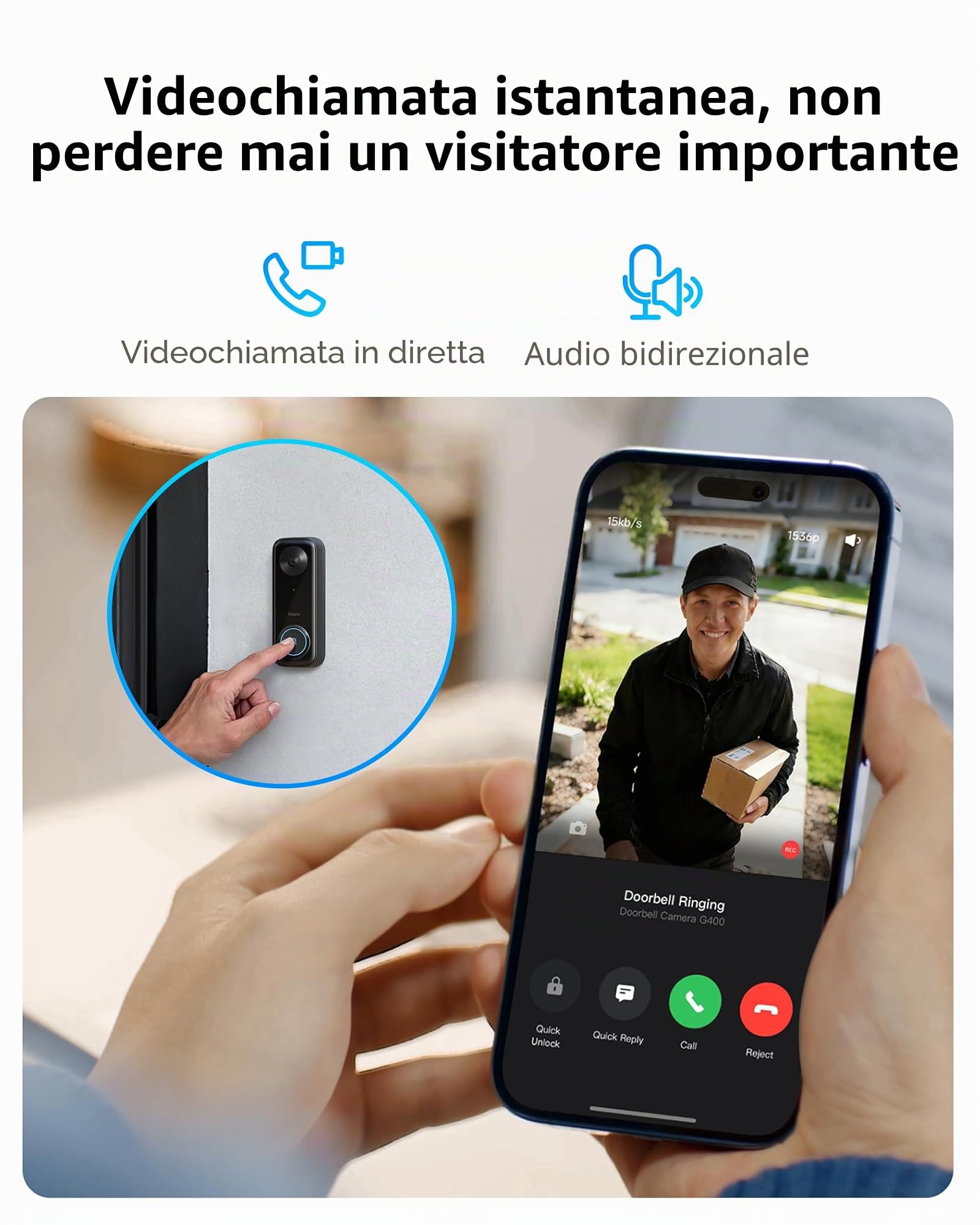 Aqara 2K Video Campanello G400 con Suoneria, Cablato/PoE, HomeKit Secure Video, Audio Bidirezionale, Wi-Fi 6 2,4/5GHz, Supporto Alexa/Google/SmartThings, Rilevamento Locale & Registrazione 24/7, IP65