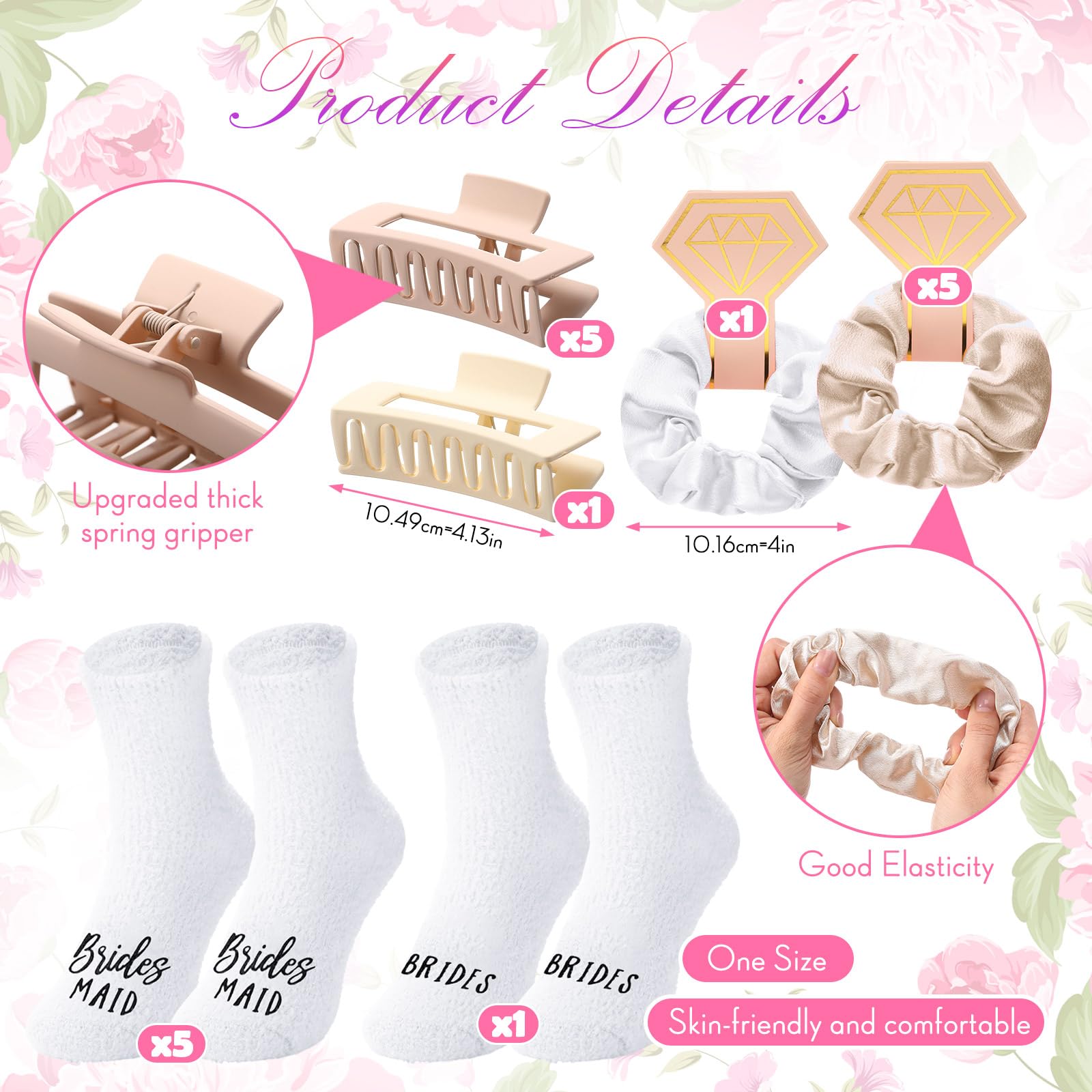 Bonuci Juego de 24 piezas de regalo para despedida de soltera, incluye batas de novia, damas de honor, pinzas para el pelo, calcetines esponjosos para bodas y fiestas