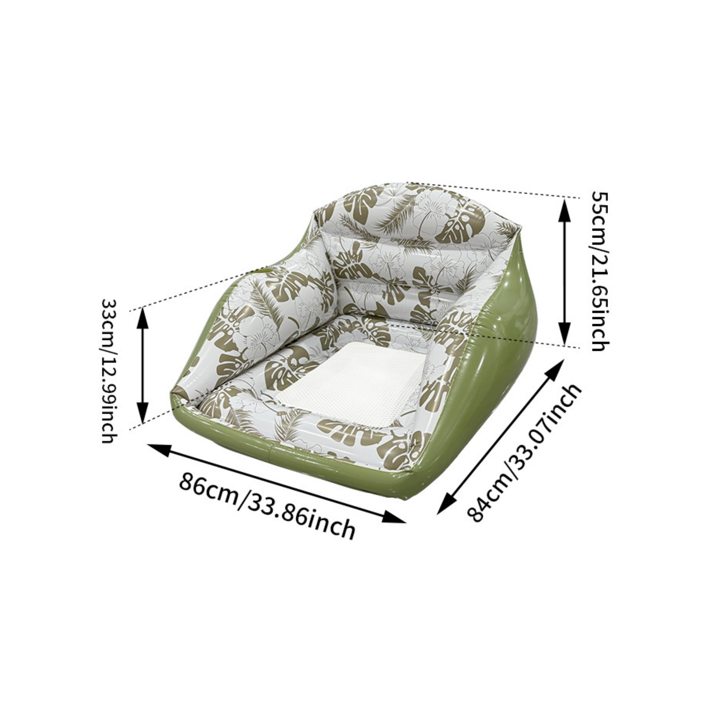 Sillón flotante inflable para piscina con asiento de malla y portavasos integrado – Sofá flotante de PVC con estampado tropical – Inflado rápido para piscinas y lagos (modelo individual)，verde