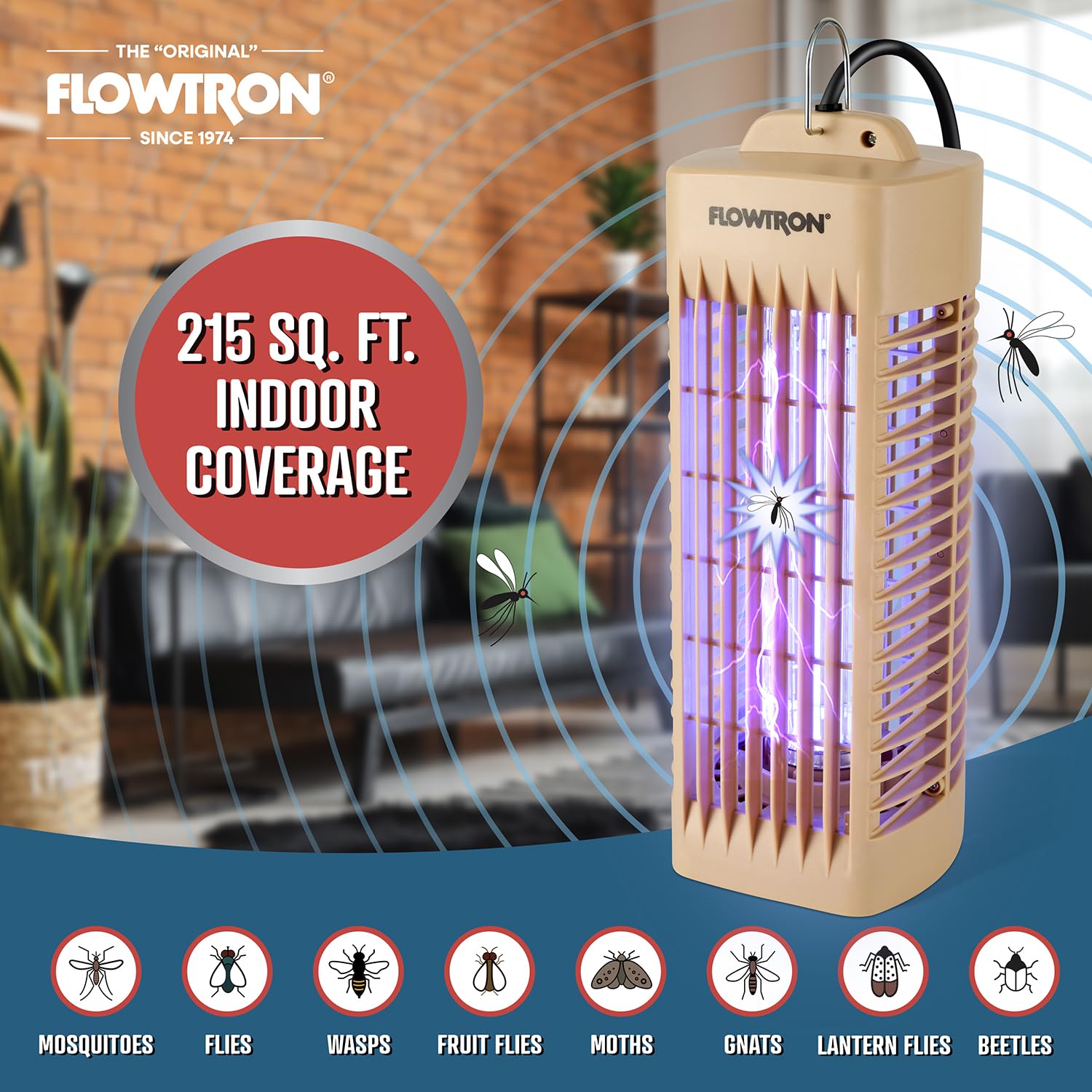 Flowtron Insektenvernichter für den Innenbereich (Beige) – 1000 V elektrischer Insektenvernichter mit UV-Licht – 215 m² Abdeckung – Plug-in-Fliegen- & Mückenfalle für Schlafzimmer, Küche & Büro