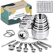 Measuring Cups,Bermunavy Measuring Cups and Spoons Set of 17 in 18/8 Stainless Steel:7 Measuring Cups and 7 Measuring Spoons,Convenient Leveler,Egg Separator,Magnetic Measurement Conversion Chart