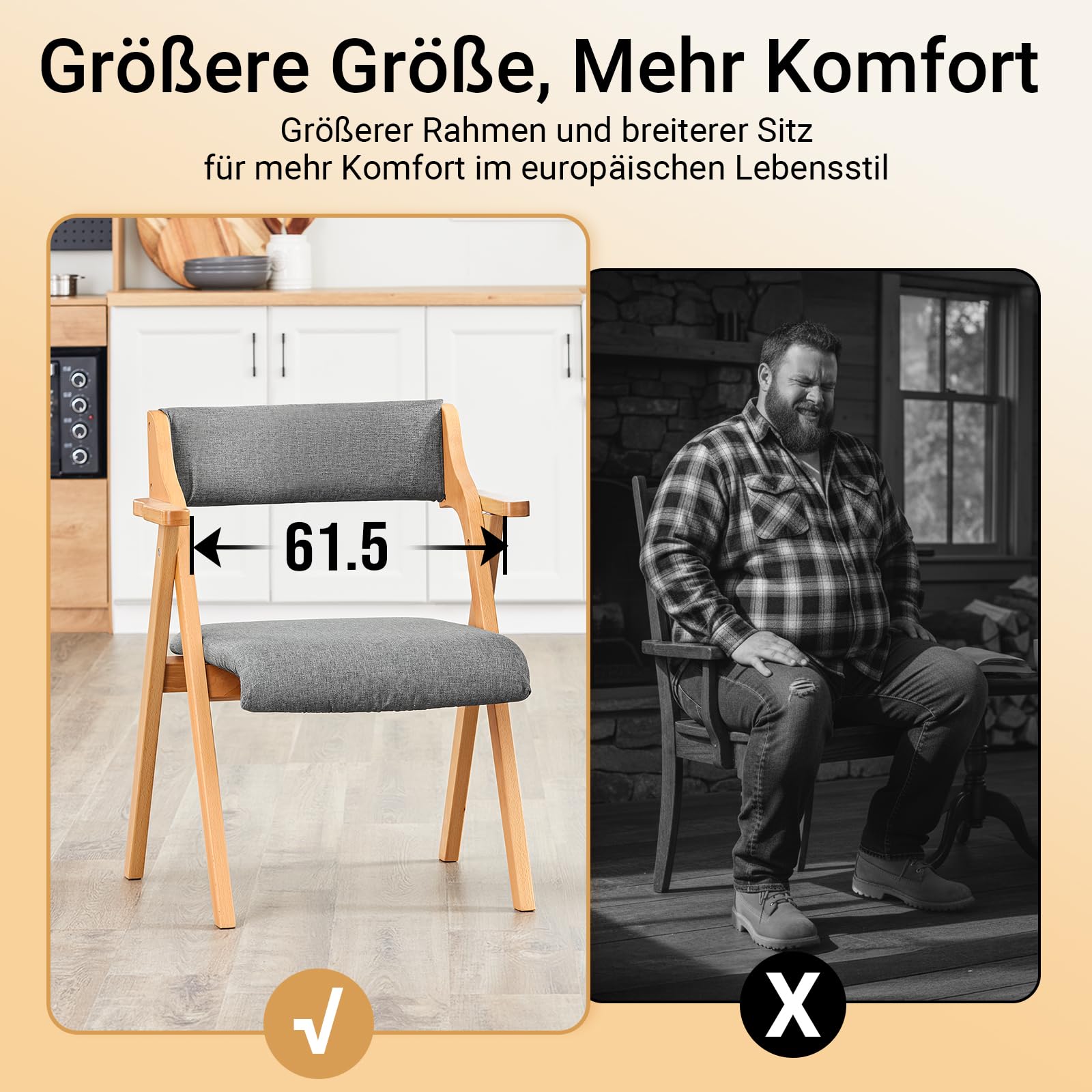 SoBuy Klappstuhl Holz mit Sitz- & Rückenpolster, montiert, 61,5x56x77,6cm | Ess- und Küchenstuhl klappbar, ergonomisch & platzsparend, 150 kg Tragkraft, für Gäste & Esszimmer & Büro & Balkon, FST98-HG