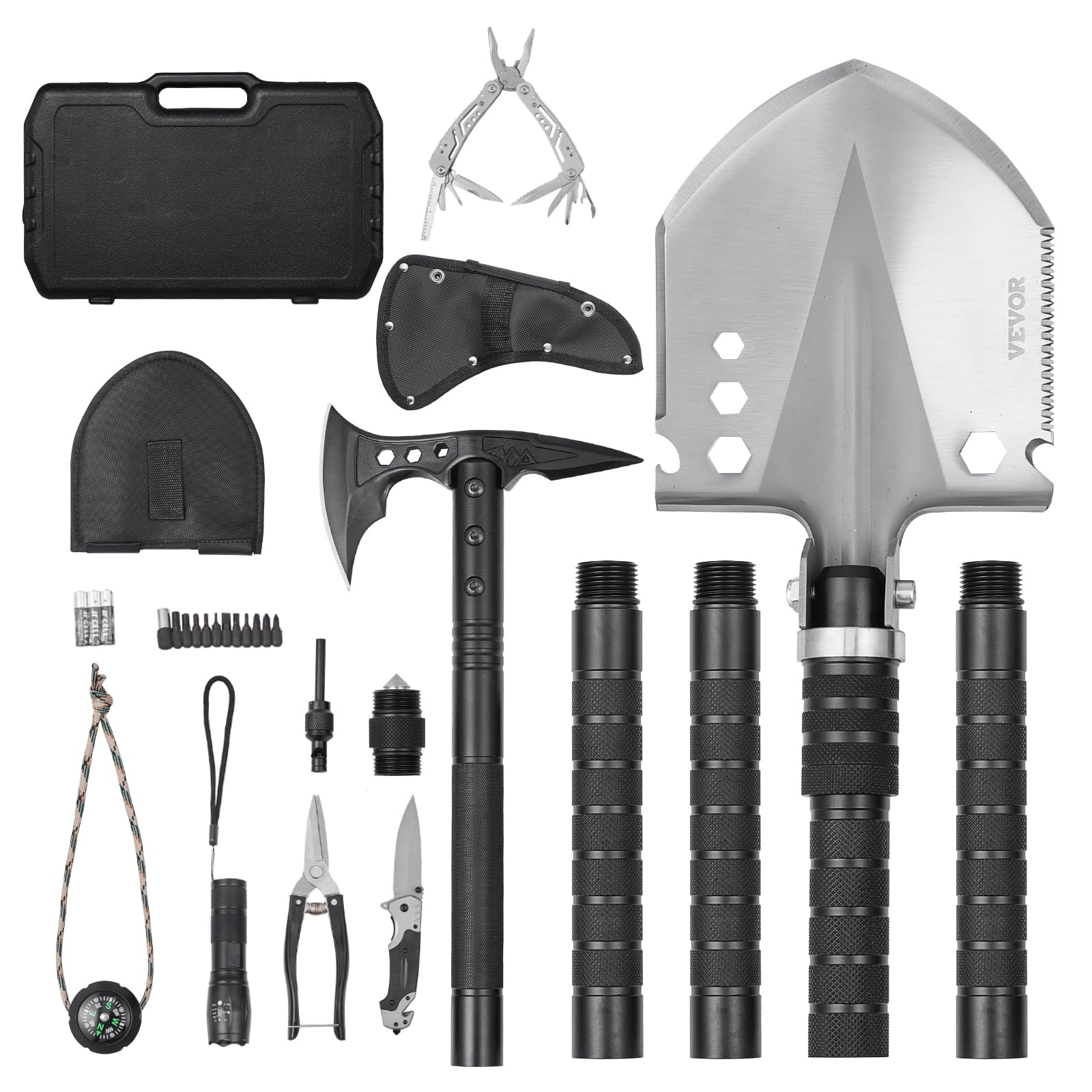 VEVOR Pala de Supervivencia Hacha de Supervivencia, 28 en 1 Palas Plegables para Acampar con Hacha, Juego de Pala y Hacha de Acero Inoxidable, Equipo de Supervivencia para Acampar y Hacer Senderismo