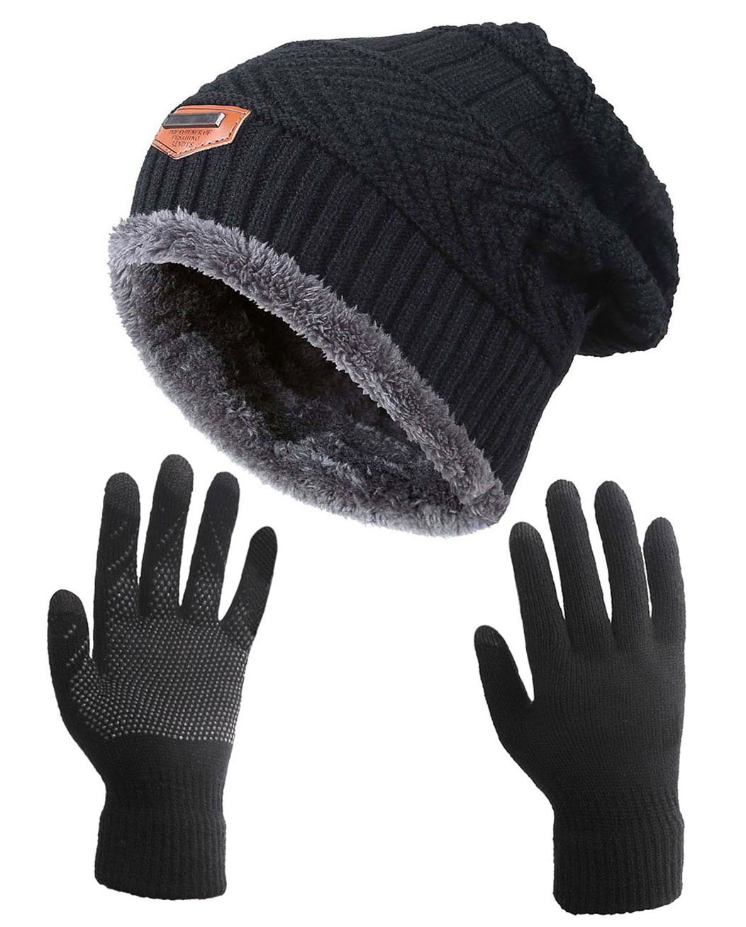 HINDAWI Slouchy Beanie Winter Hats for Men Windproof Scarf Warm Snow Knit Skull Cap (Hat+Gloves (Black))