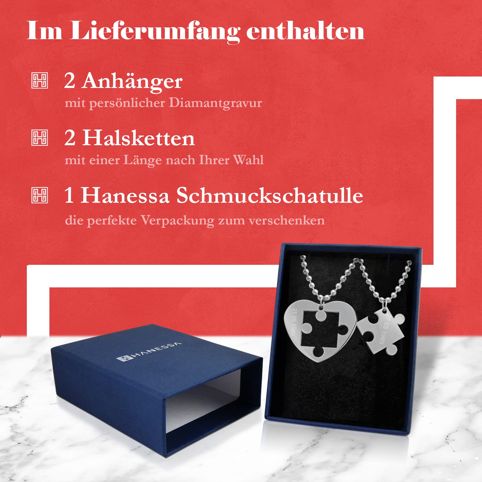 2 Stück Personalisierte Kette mit Gravur Edelstahl 60 cm mit Anhänger Herz Puzzle in silber - Personalisierte Geschenke für Damen Herren Freundin Freund - Partner Halskette für Sie und Ihn