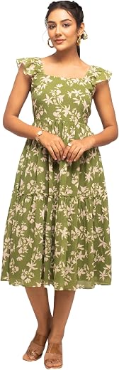 FIORRA Women's Fit And Flare Knee Length Georgette Floral Printed Below The Knee Dress