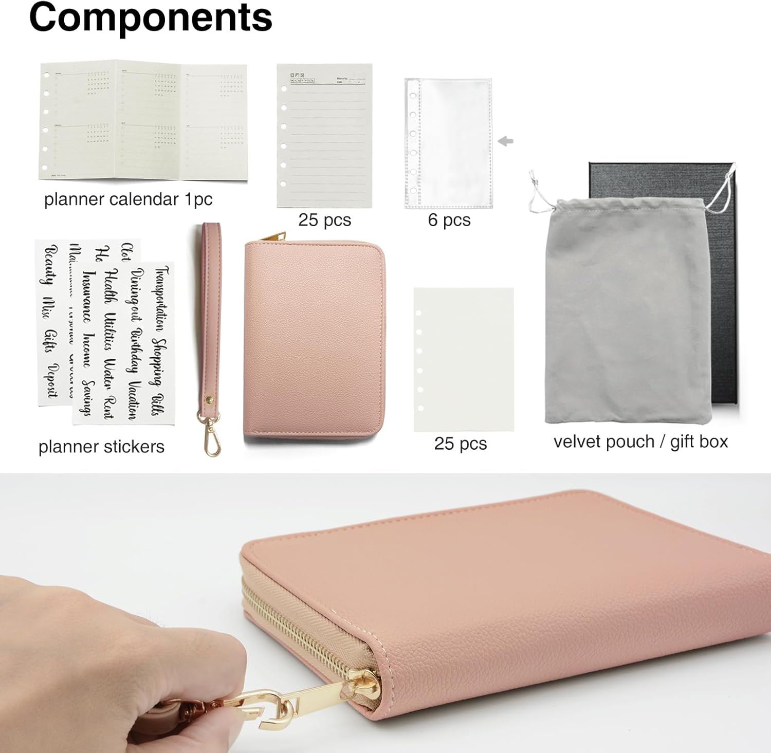 A7 Binder Cash Envelope System Wallet – Budget Binder with Cash Envelopes, Zipper Planner Notebook, 6-Ring Refillable Binder, Saving Challenge Planner (Pink)