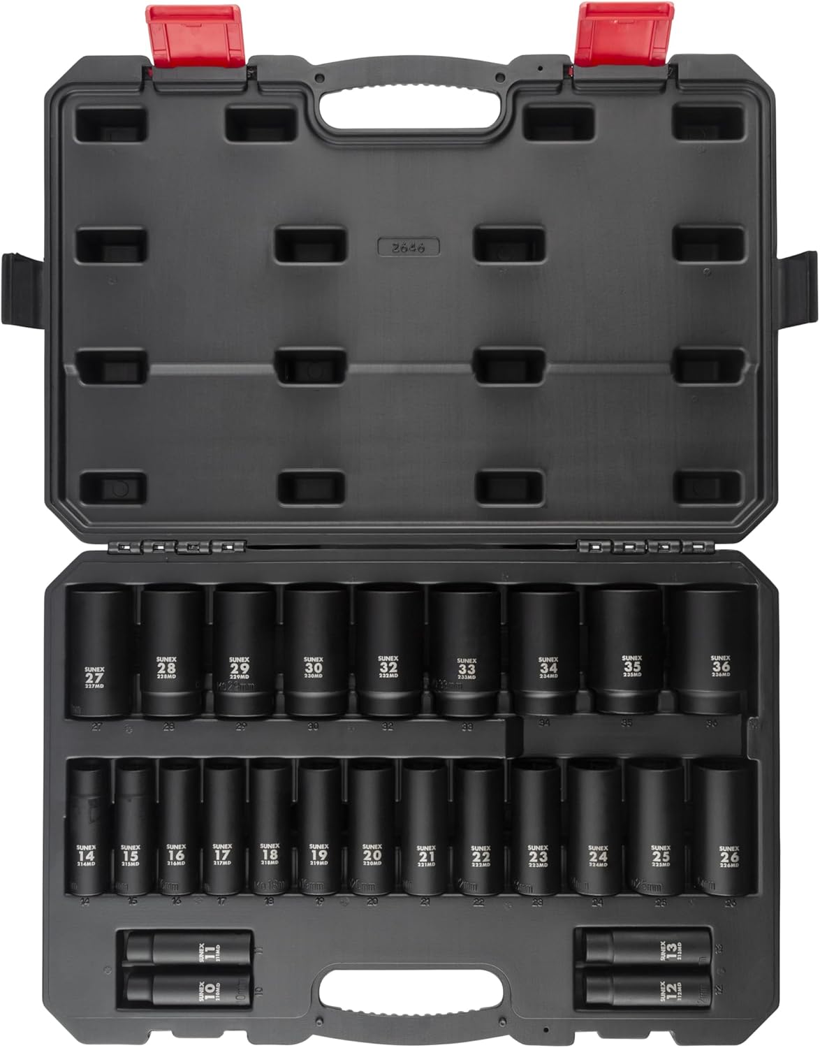 SUNEX TOOLS 2646, 1/2 Inch Drive Deep Impact Socket Set, 26-Piece, Metric, 10mm-36mm, Cr-Mo Alloy Steel, Radius Corner Design, Heavy Duty Storage Case