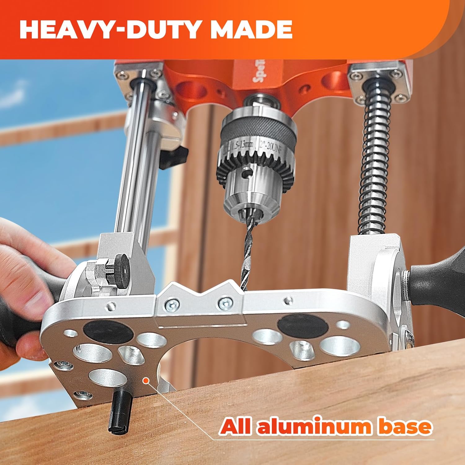 SpeTool Portable Drill Guide with Liner Ball Bearings Guide Poles, 1/2” Chuck Portable Drill Press Adapter for Hand Drill Adjustable from 0-60°, Multi Angle Drill Guide for Straight Holes Woodworking