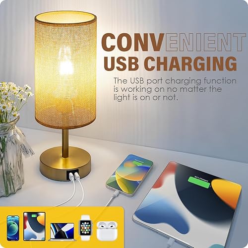 Miniatura 3 de Yarra-Decor Lámpara de mesa de noche, puerto USB, control táctil, madera, 3 modos, regulable, con pantalla redonda de tela de lino, para sala