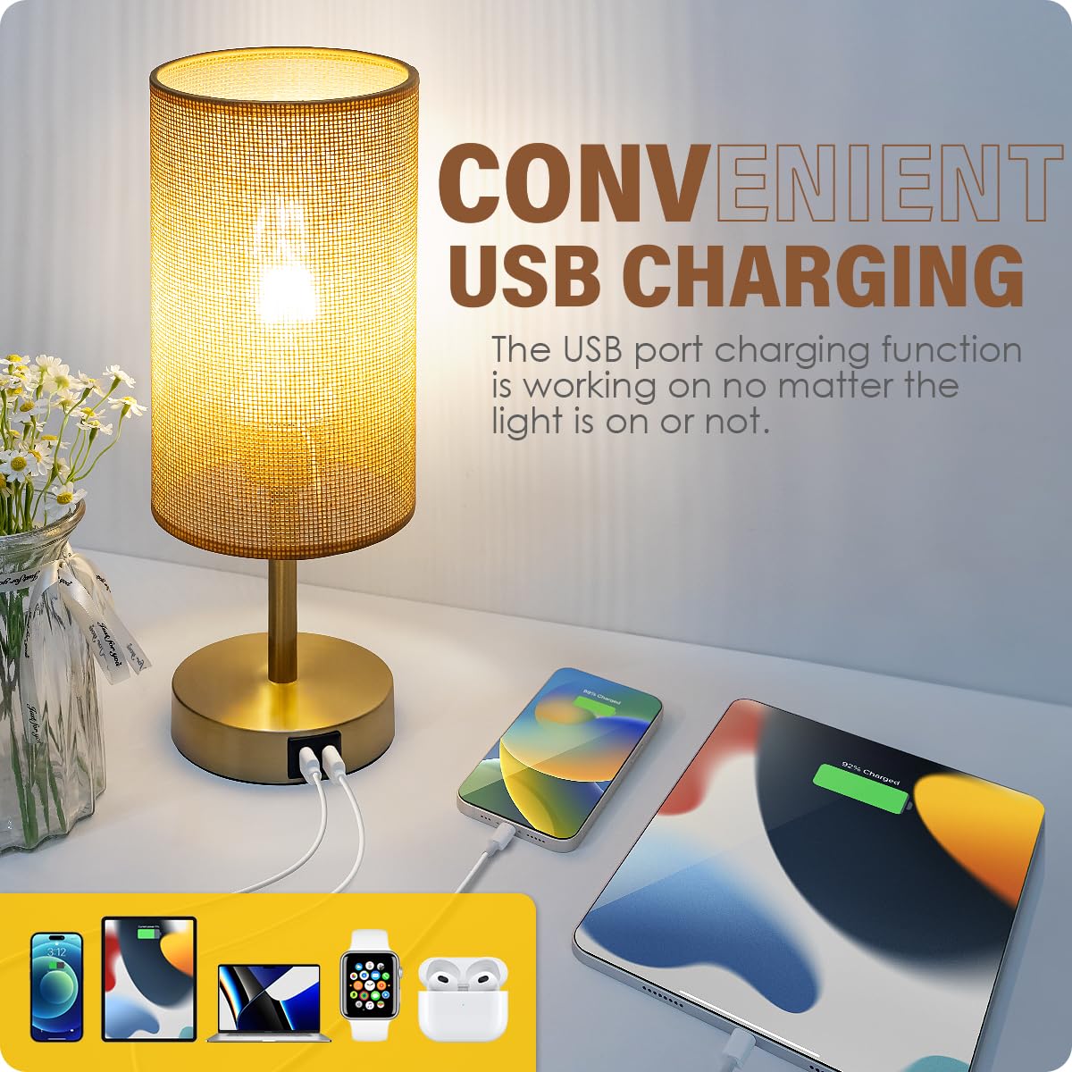 Yarra-Decor Lámpara de noche con puerto USB, lámpara de mesa de control táctil para dormitorio, lámpara de mesa de noche regulable de 3 vías con pantalla redonda de tela de lino para oficina en casa