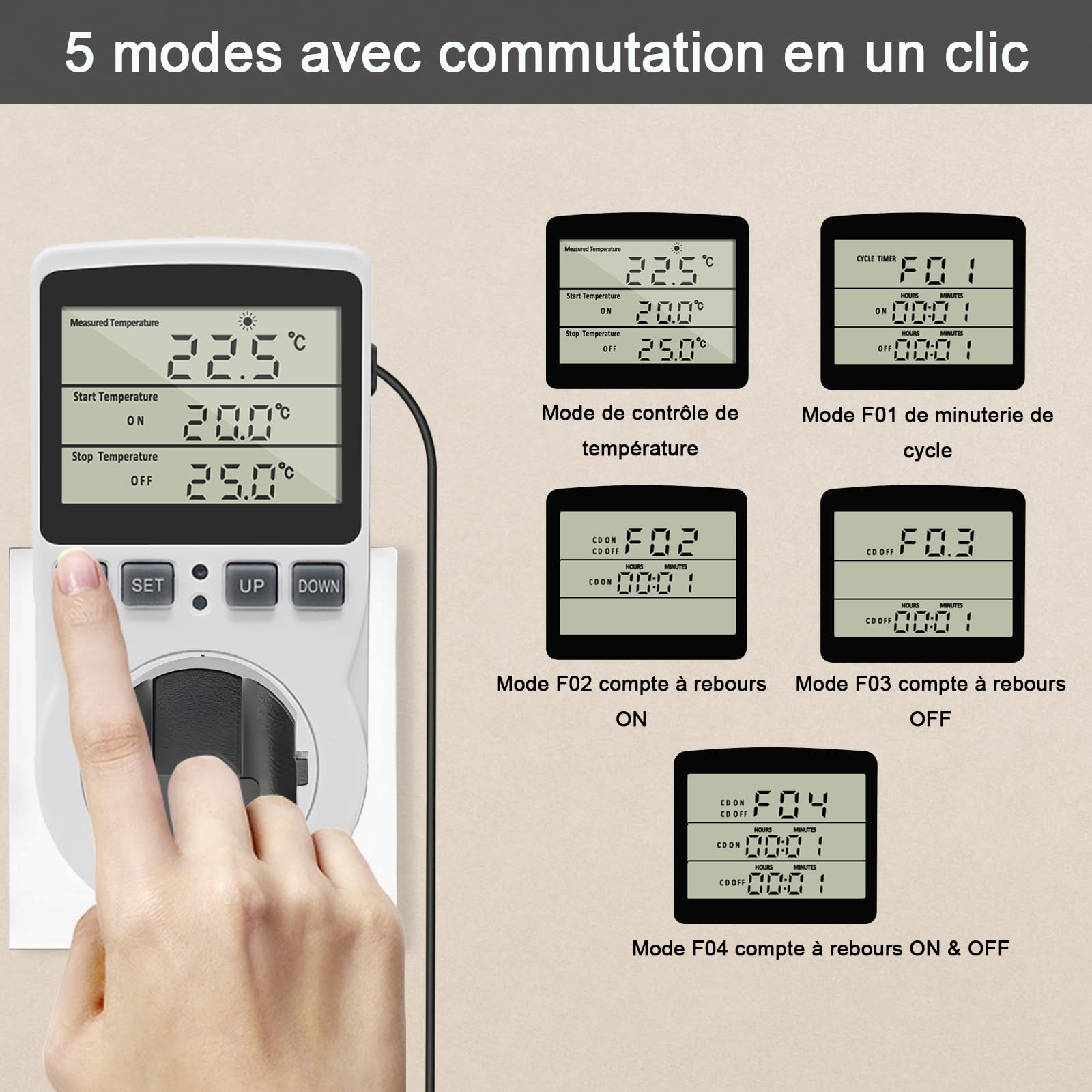 KETOTEK Presa Termostato Regolatore di Temperatura Digitale 220V Riscaldamento Raffreddamento con Sonda, LCD Presa Regolatore di Temperatura per Frigo Incubatore Serre Ventilatore
