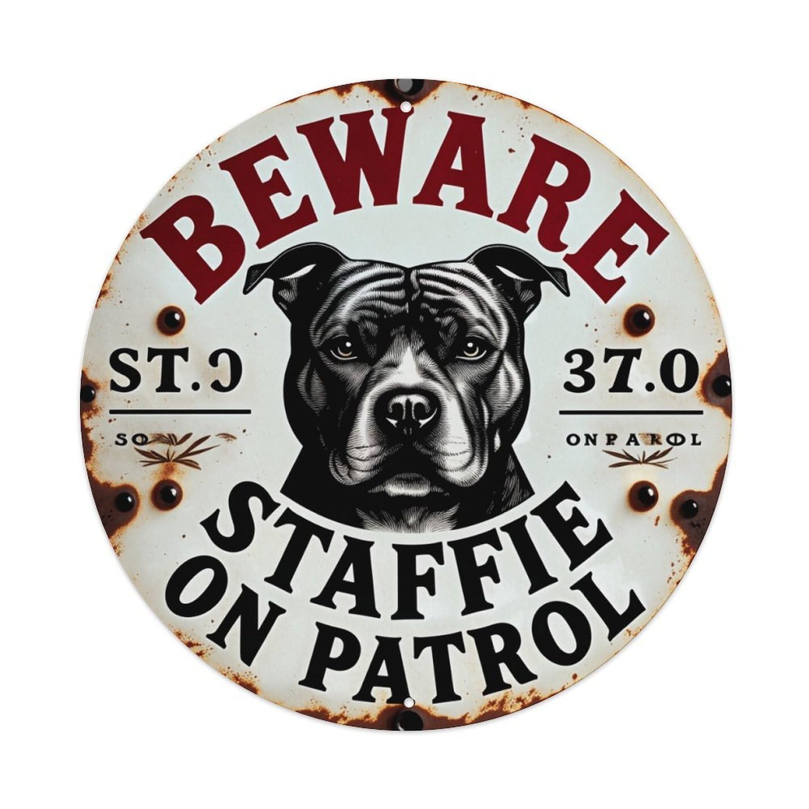Beware Staffie On Patrol Sign Round Tin Sign Vintage Metal Sign Home Bar Garden Indoor & Outdoor Wall Decor Retro Metal Poster 8x8 Inch