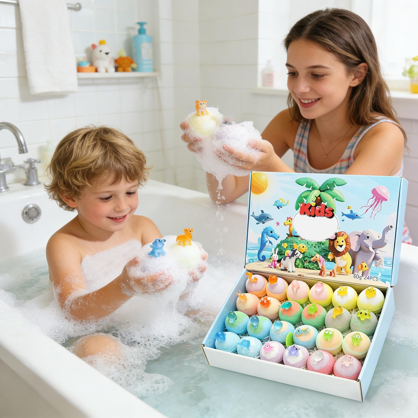 Kule Do Kąpieli 24 Sztuki Relaksująca Pielęgnacja Ciała | Kule do Kąpieli z Zabawkami dla Zwierząt dla dzieci chłopców dziewczynek spa dom łazienka podróż hotel