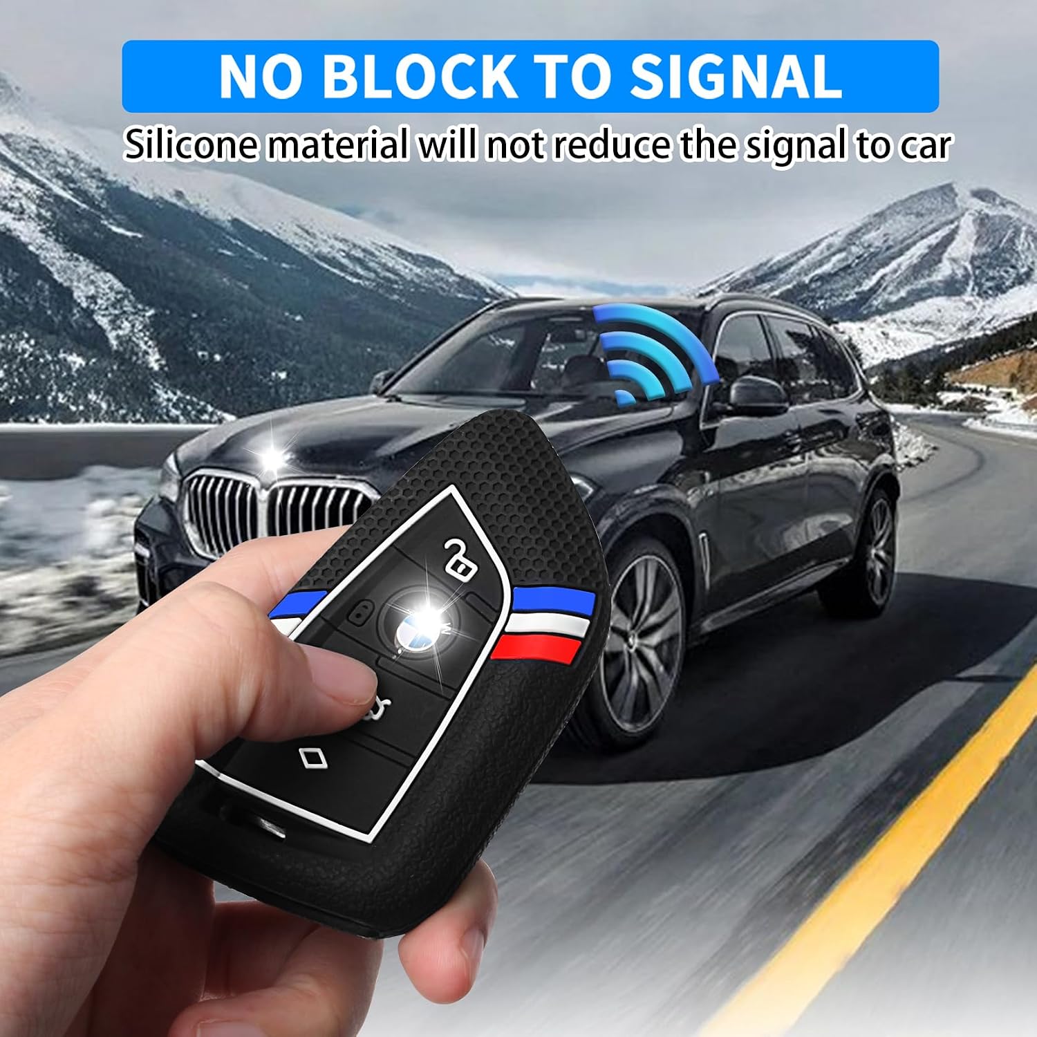 QBUC for BMW Key Fob Cover, Striped Silicone Key Shell Case for BMW 2 4 5 6 7 Series X3 X4 X5 X6 X7 X1 X2 M M8 M7 M6 M5 M4 M3 M2 M1 430i 840i 2015-2023 Key Protector with Keychain (Black,4 Button)