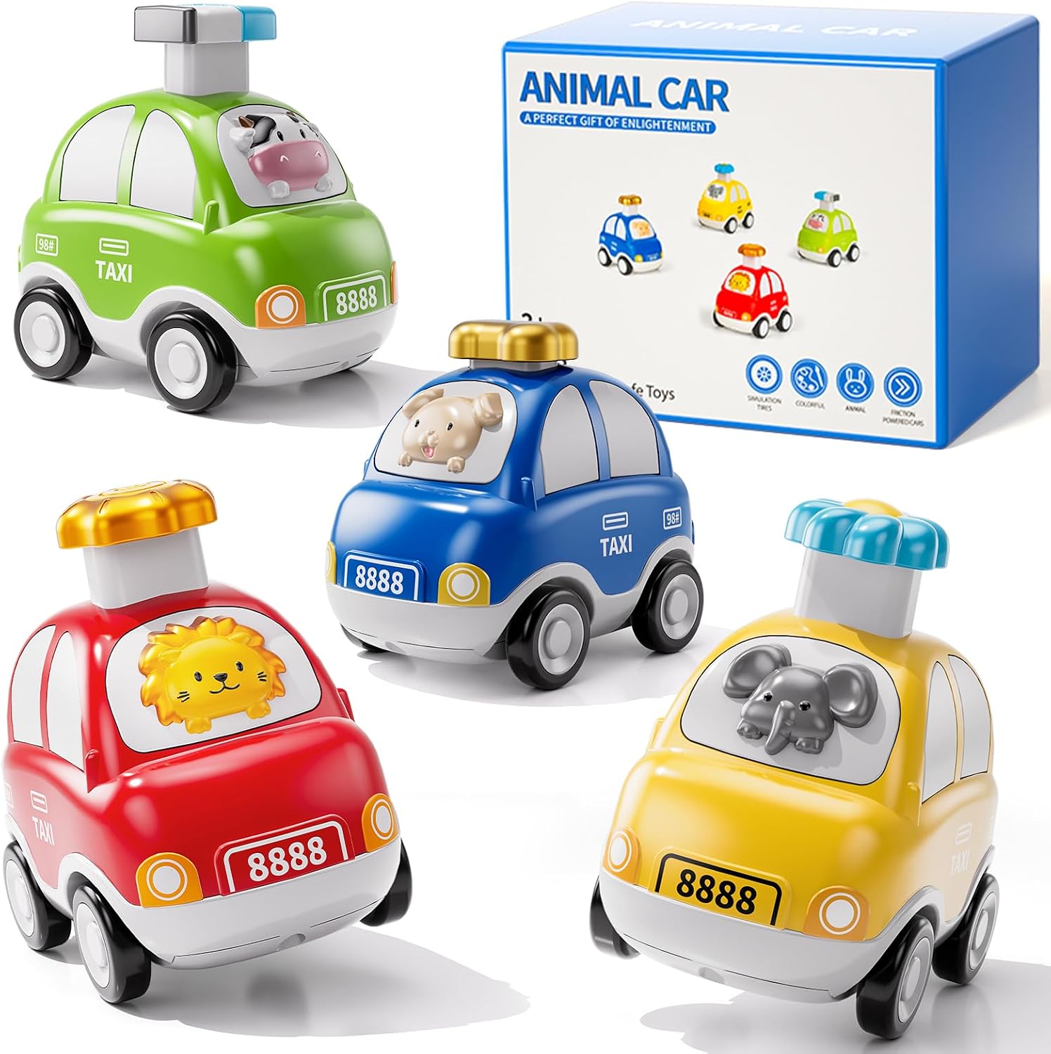 4Pcs Press to Go Cars for Toddlers 1-3, Baby Animal Racing Car, Multicolor Play Vehicle Set for Baby Toys 12-18 Months, Infant Birthday Gifts for Kids, Car Toys for 1 Year Old Boy