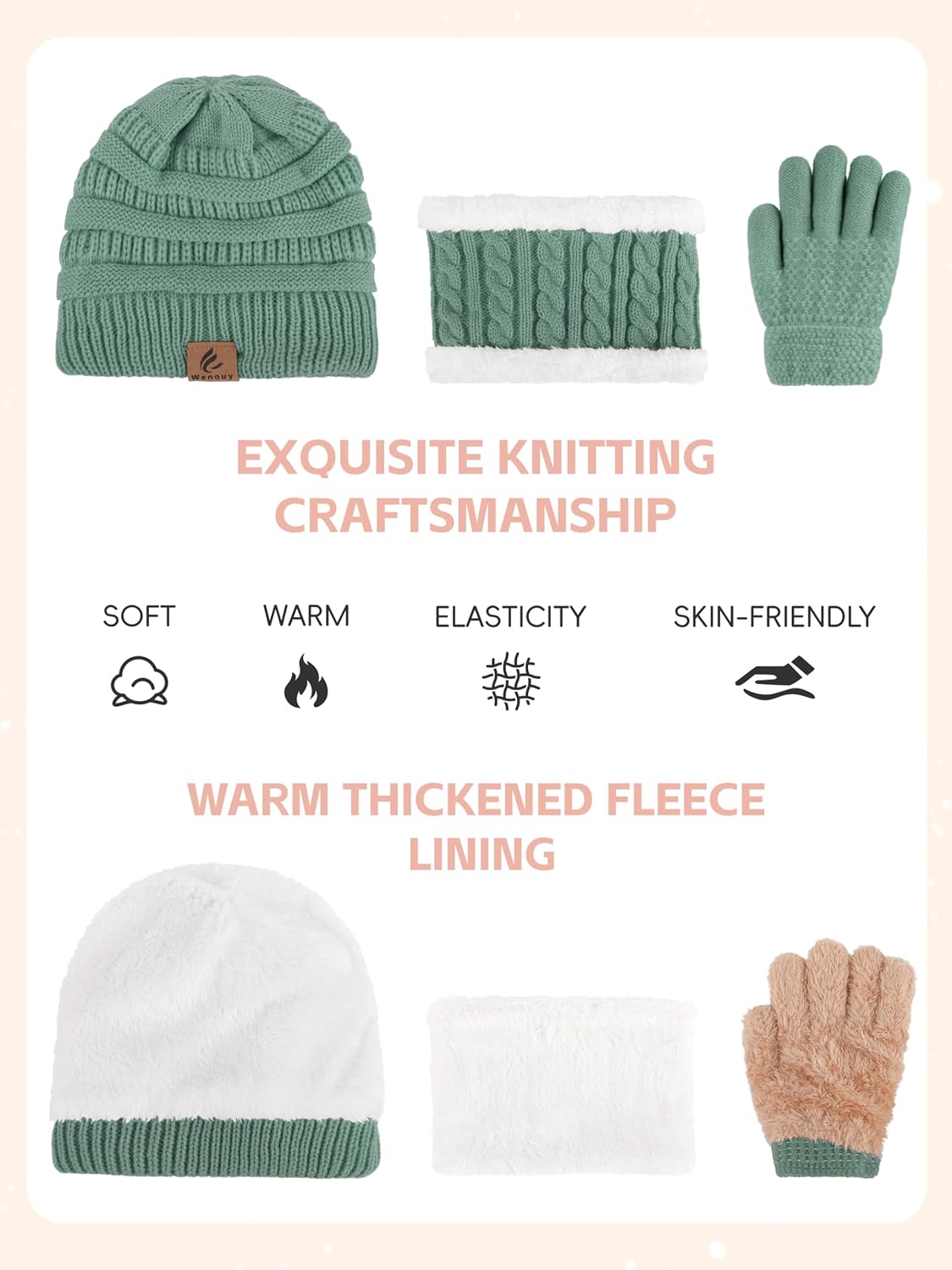 3 Pcs Kids Winter Hat Scarf Gloves Set Boys Girls Thick Warm Beanie Hat Knitted Neck Warmer Fleece Lined Gloves