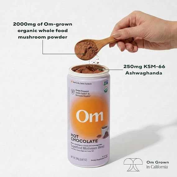 OM MUSHROOM SUPERFOOD Hot Chocolate Blend Dutch Cocoa with Lions Mane, Reishi, Chaga & Turkey Tail Supports Focus, Calm & Stress Relief 2g Sugar, 25 Calories 8.47 oz Canister (30 Servings)