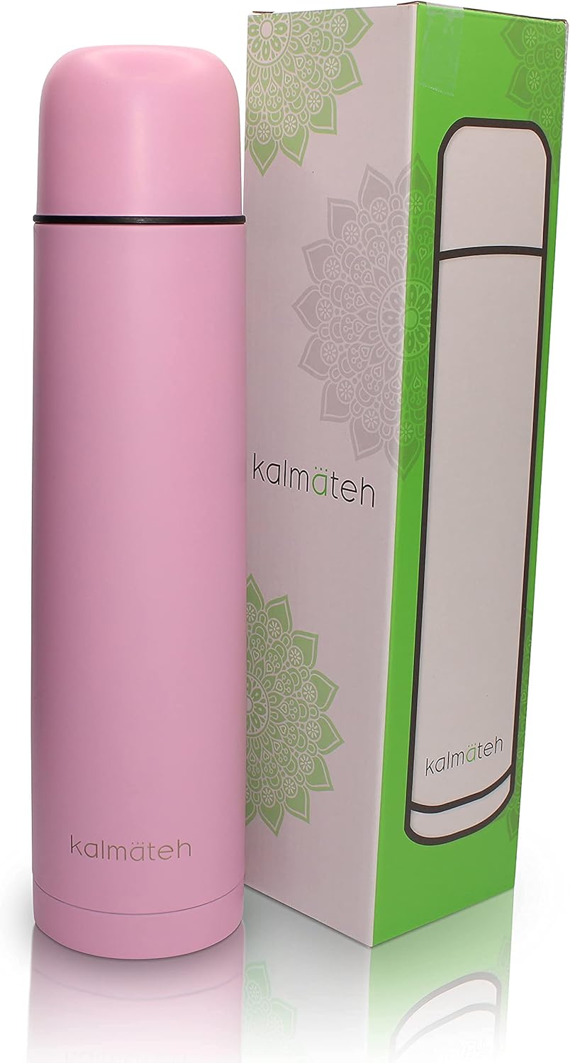 KALMATEH Modern & Elegant Double Walled Vacuum Insulated Stainless Steel Thermo Bottle 1000ml, Precise Pouring & Heat Retention For Yerba Mate, Coffee, Tea, and Camping (Trendy Pink, 1000 ml)