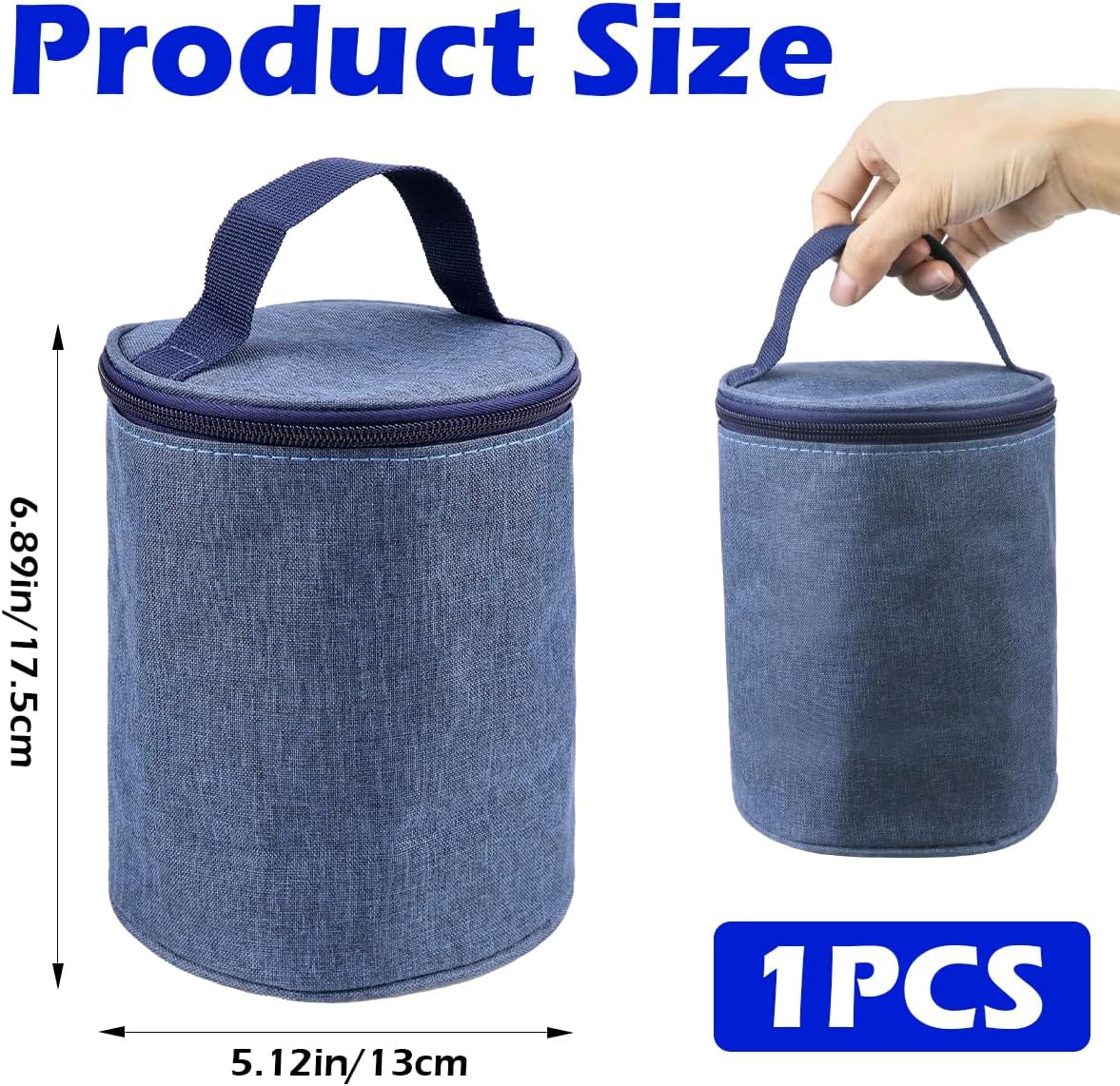 DOERDO Bento Lunch Bag Breakfast Tote Bag Insulation Bento Bag Round Bento Accessories for Office Work Outdoor Picnic, 5.1x6.9 Inch, Blue - Image 2