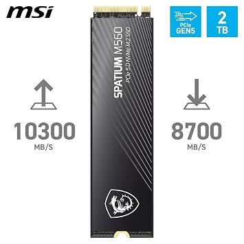 MSI SPATIUM M560 SSD 2 TB - PCIe 5.0 NVMe M.2 internal solid state drive, 10,300 MB/s reading, 8,700 MB/s writing, 3D NAND, integrated data security, center, 5-year warranty (1200 TBW)