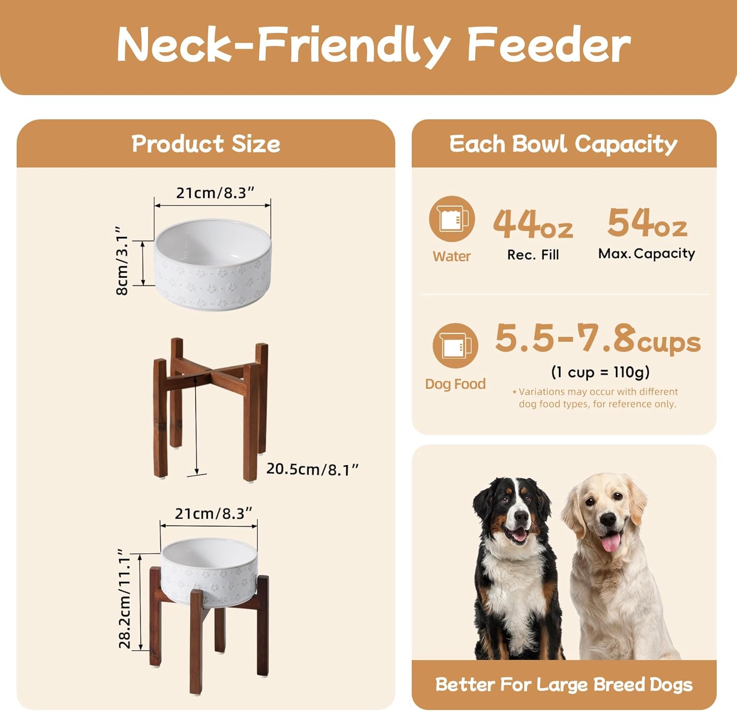 8.2inch ceramic raised dog bowl set, elevated dog bowl with acacia wood stand, food and water bowl for large breed dogs, weighted pet dishes(60oz, arctic white) 7.6cups single bowl with stand- arctic white