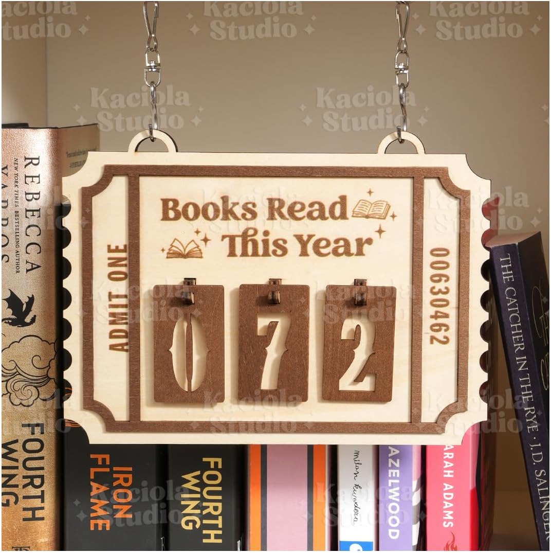 KACIOLA STUDIO Book Counter Sign, Books Read This Year Counter, Gifts for Booklovers/Reader/Women, Bookshelf Book Store Decor, Romantasy Gift (Brown Stamp)