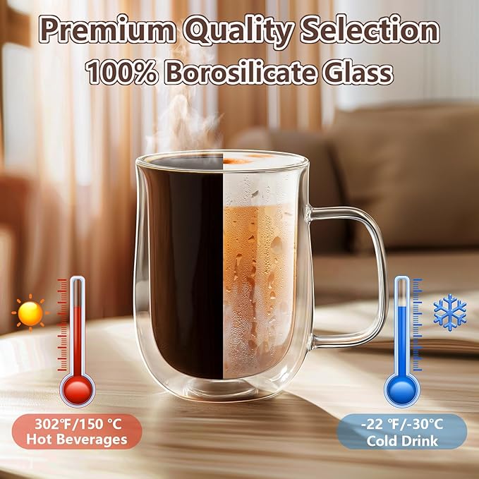 Tazas de café vidrio doble pared 16 oz set de 4 con cucharas miniatura 6