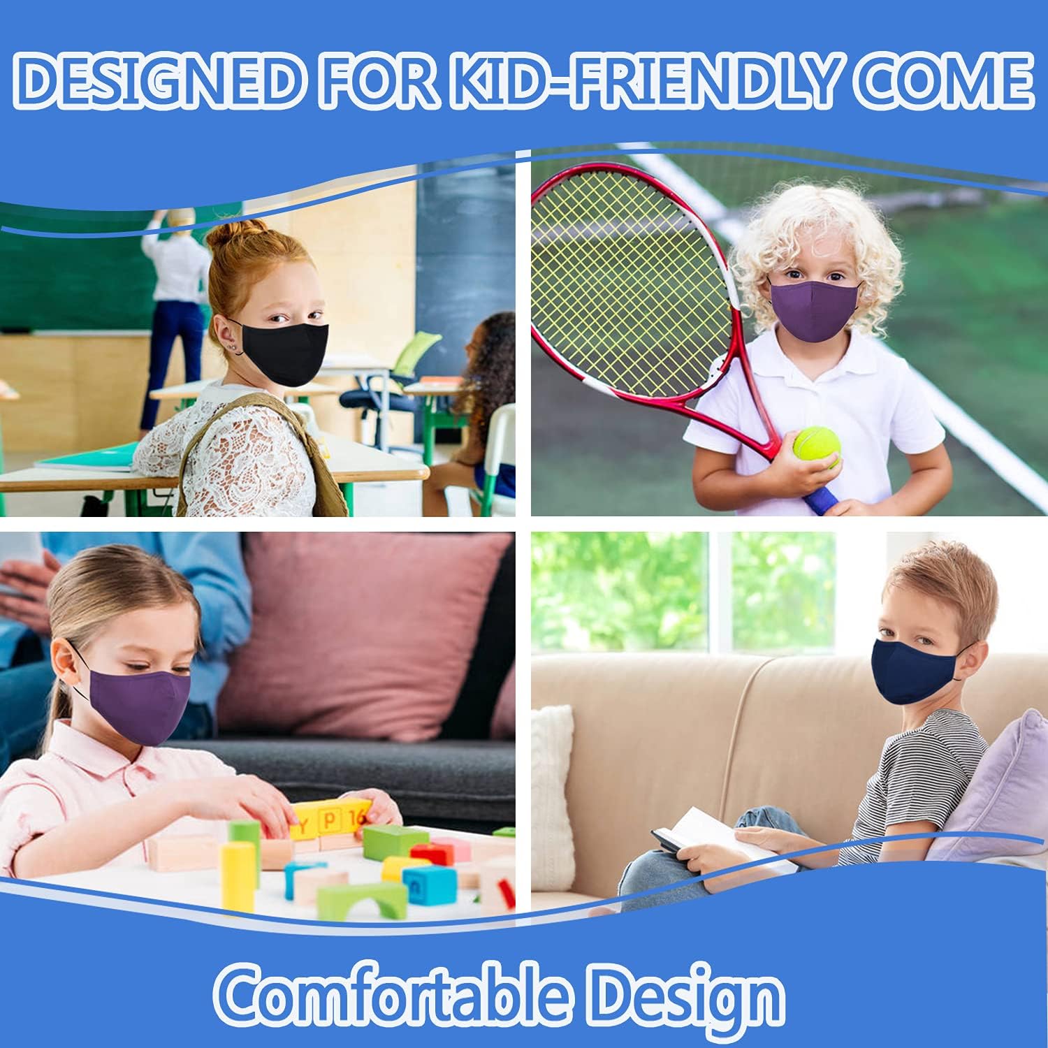PAGE ONE Kids Reusable Washable 3 Layer Cloth Face Mask with Adjustable Ear Protection Loops for Girls Boys Children Gift/6pc