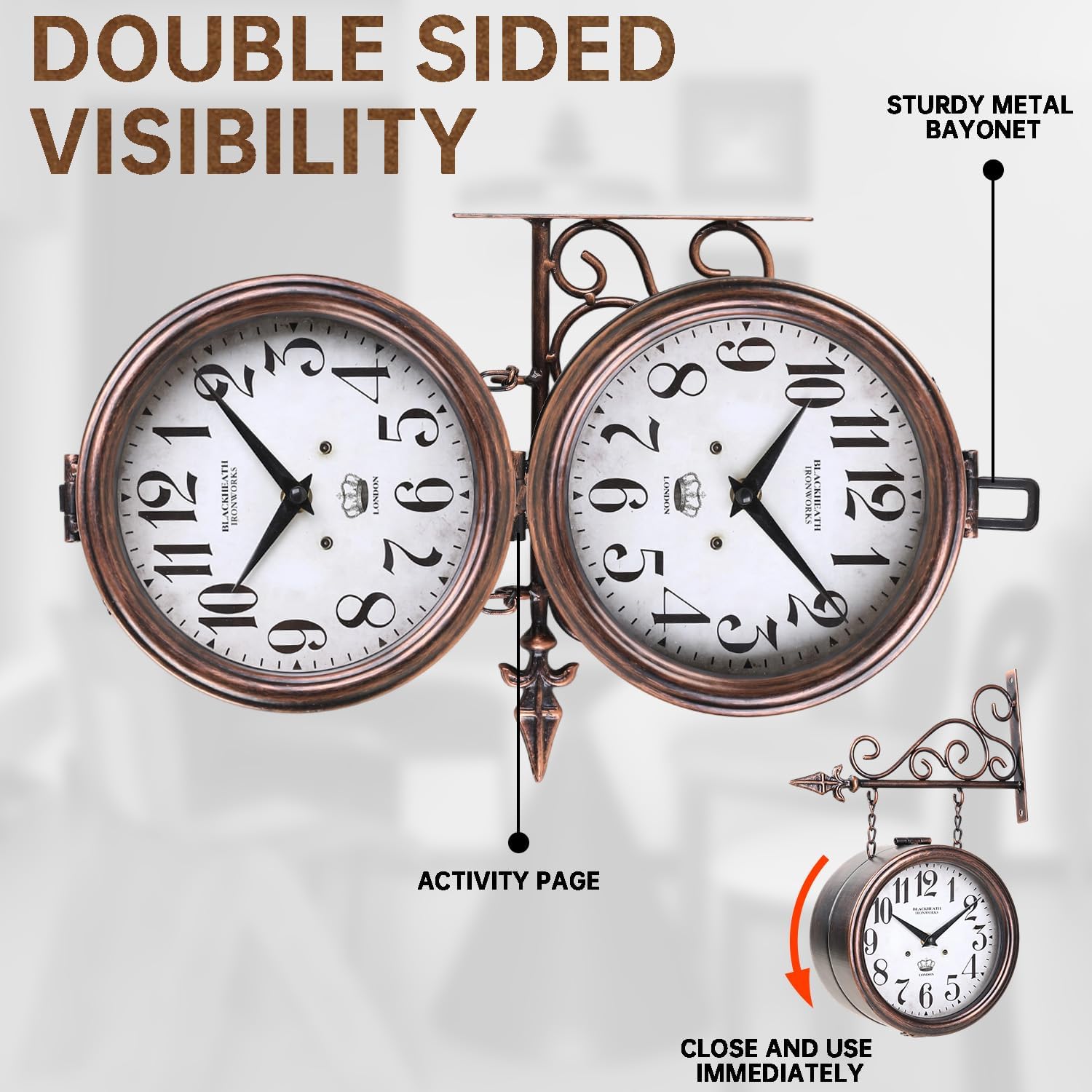 Wall Clock Iron London Clock Antique Double- Sided Clock Wrought Iron Antique Wall Art Numbered Iron Wall Decor Hanging Double Sided Room Wall Decoration Wall Clock Round/Brown